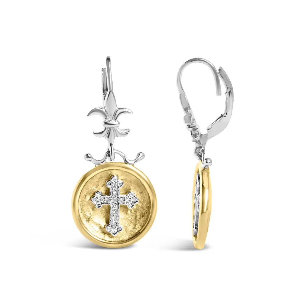 18k Yellow Gold Plated.925 Sterling Silver 1/8 Cttw Diamond Hammered Finished Medallion with Cross Drop and Dangle