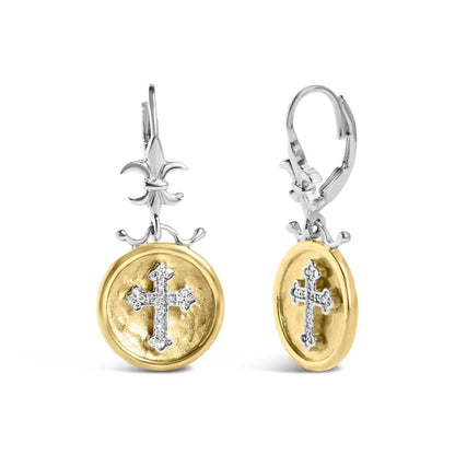 18k Yellow Gold Plated.925 Sterling Silver 1/8 Cttw Diamond Hammered Finished Medallion with Cross Drop and Dangle