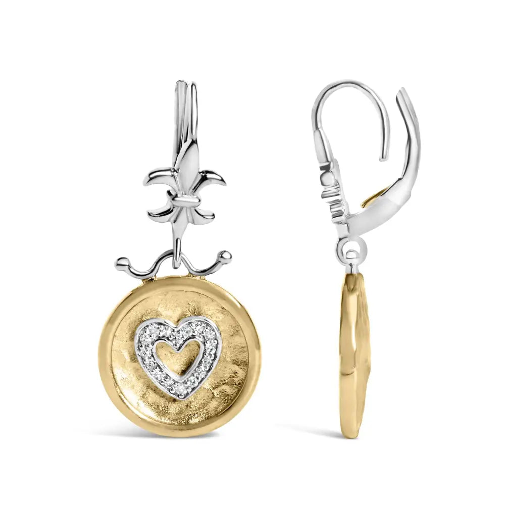 18k Yellow Gold Plated.925 Sterling Silver 1/8 Cttw Diamond Hammered Finished Medallion Heart Drop and Dangle Earrings