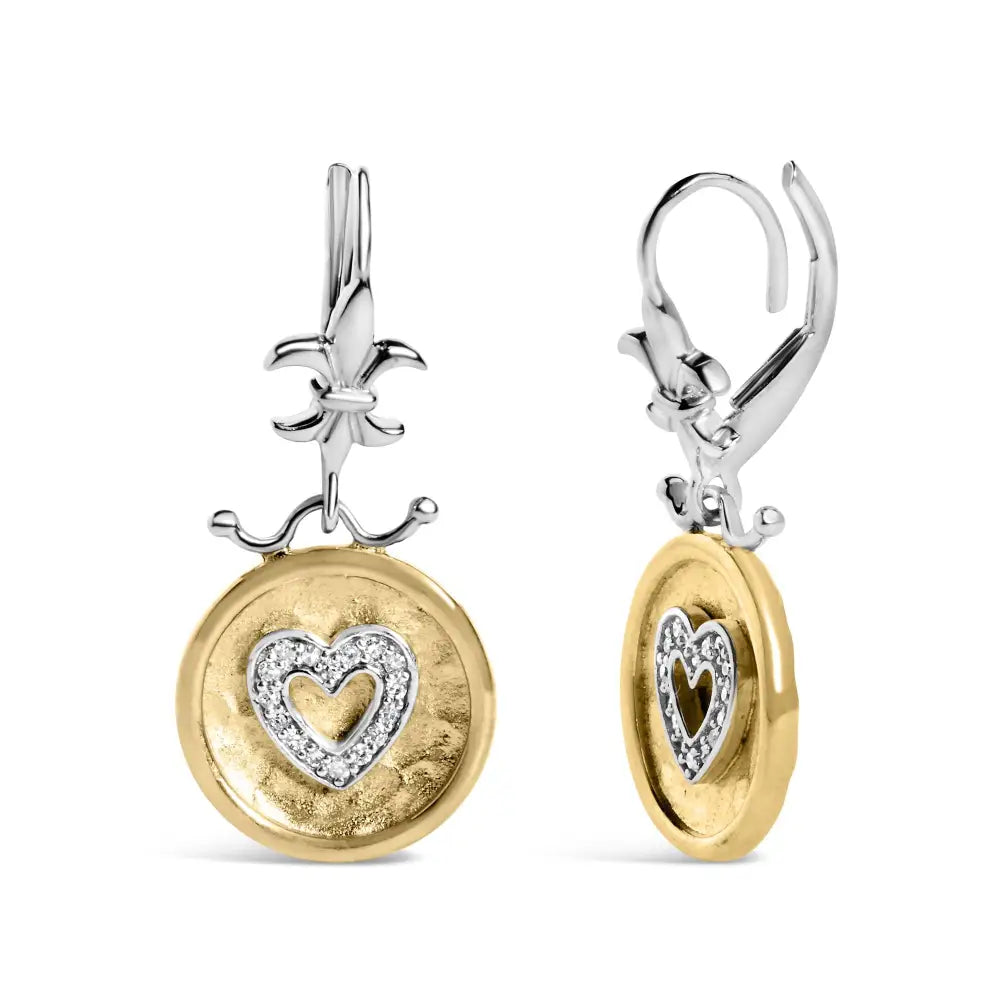 18k Yellow Gold Plated.925 Sterling Silver 1/8 Cttw Diamond Hammered Finished Medallion Heart Drop and Dangle Earrings