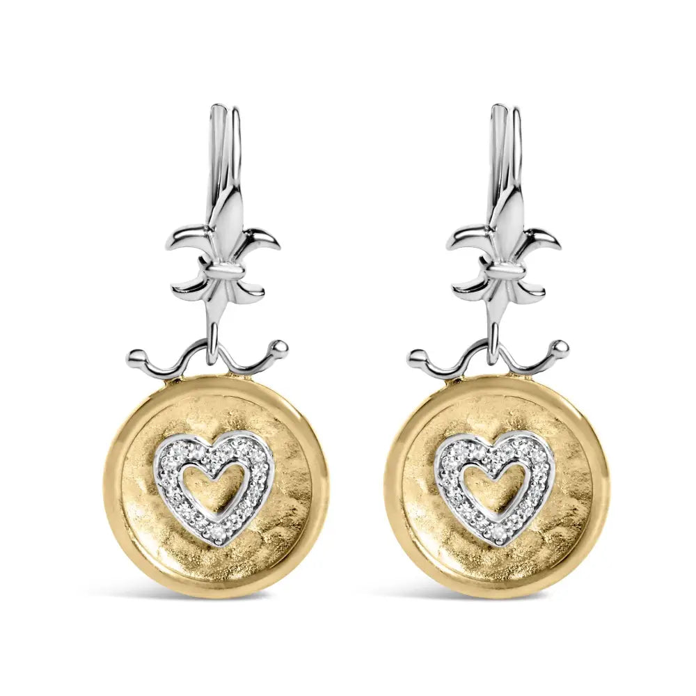 18k Yellow Gold Plated.925 Sterling Silver 1/8 Cttw Diamond Hammered Finished Medallion Heart Drop and Dangle Earrings