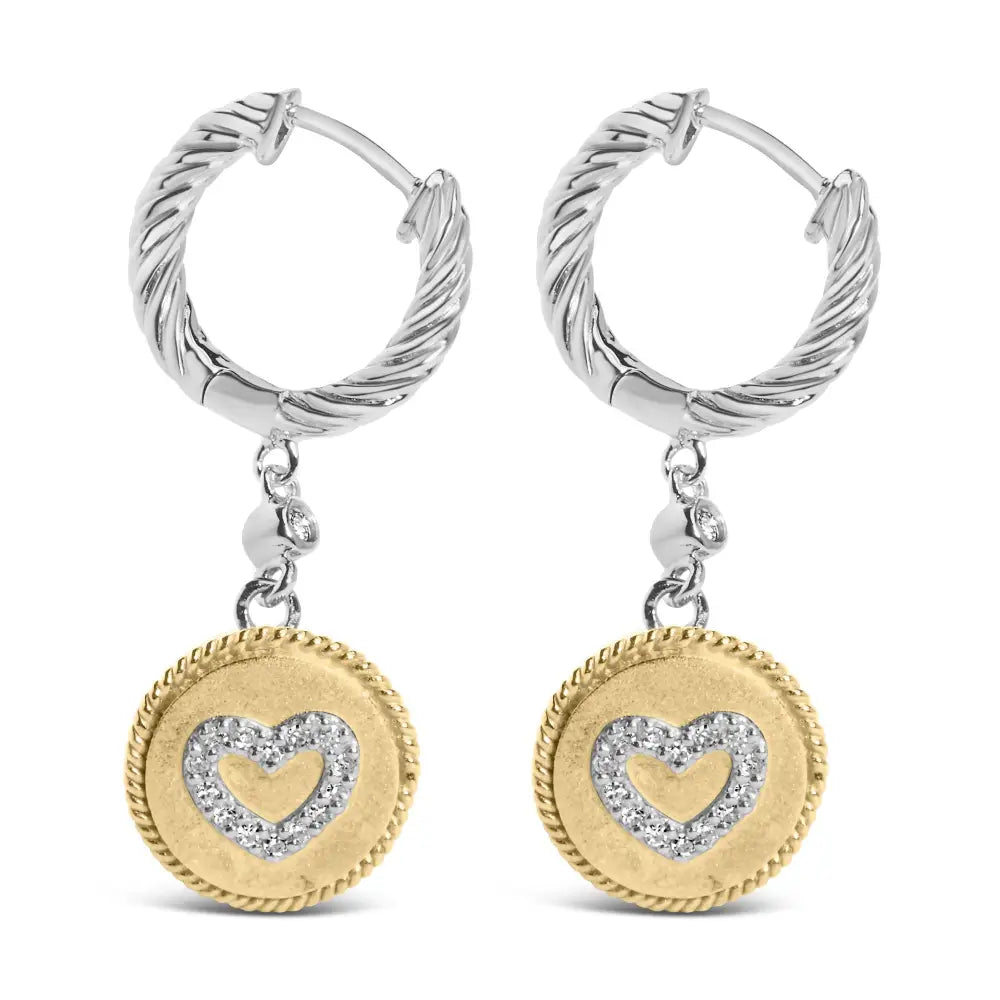 18k Yellow Gold Plated.925 Sterling Silver 1/8 Cttw Diamond Heart Medallion Drop and Dangle Earring (i-j Color Si1-si2