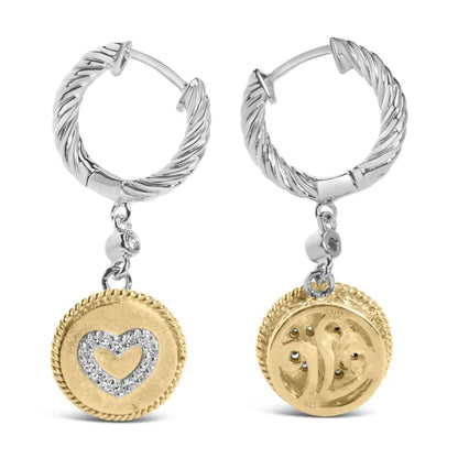 18k Yellow Gold Plated.925 Sterling Silver 1/8 Cttw Diamond Heart Medallion Drop and Dangle Earring (i-j Color Si1-si2