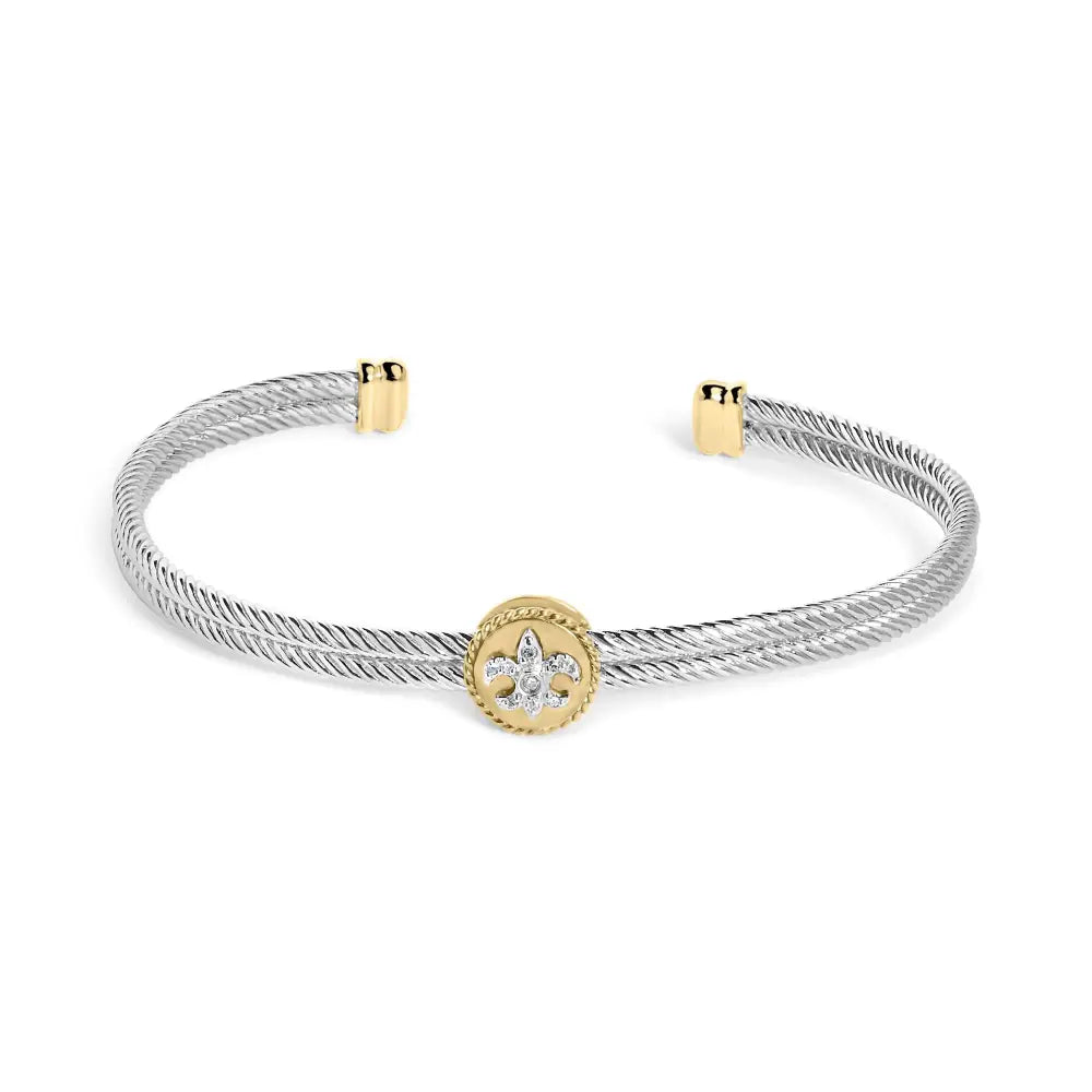 18k Yellow Gold Plated.925 Sterling Silver Diamond Accent and Fleur Di Lis Medallion Bangle Bracelet (i-j Color Si1-si2