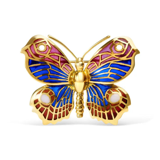 18k Yellow Gold Red Blue and White Enameled Butterfly Brooch Pin - Fine Jewelry us Direct