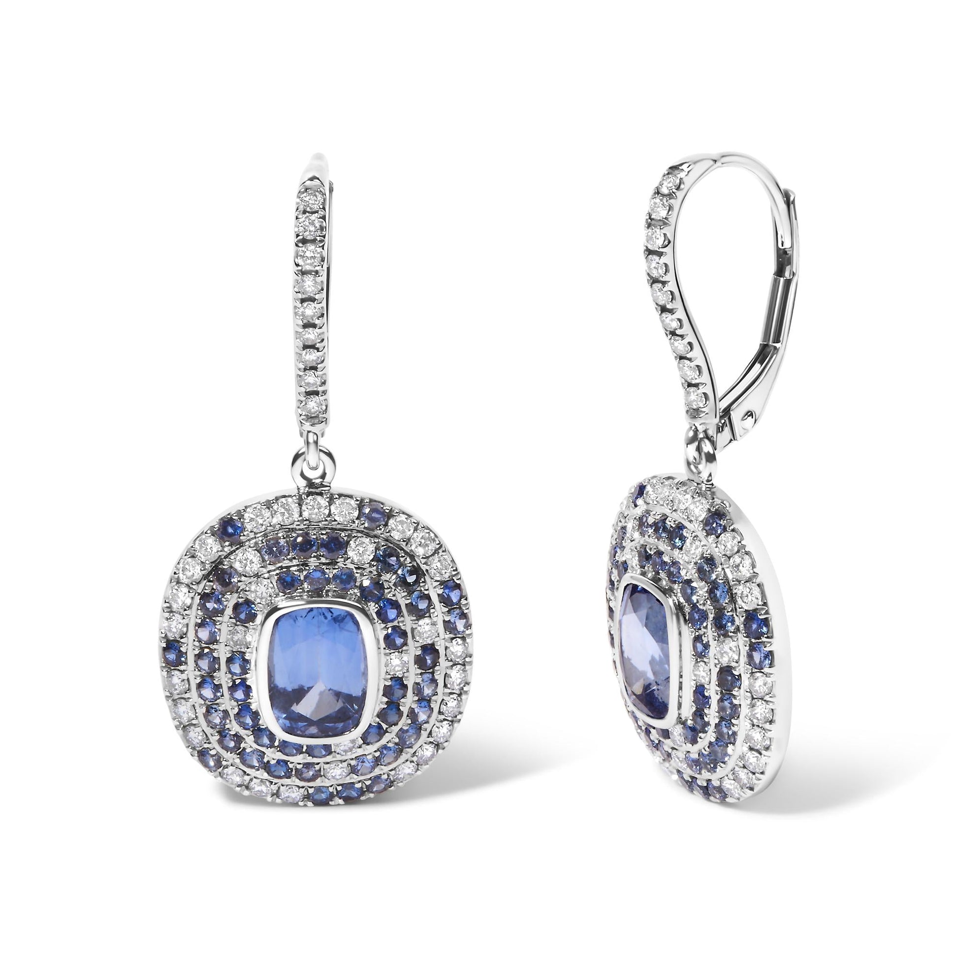 18K White Gold Natural Blue Sapphire and Diamond Scattered Halo Drop and Dangle