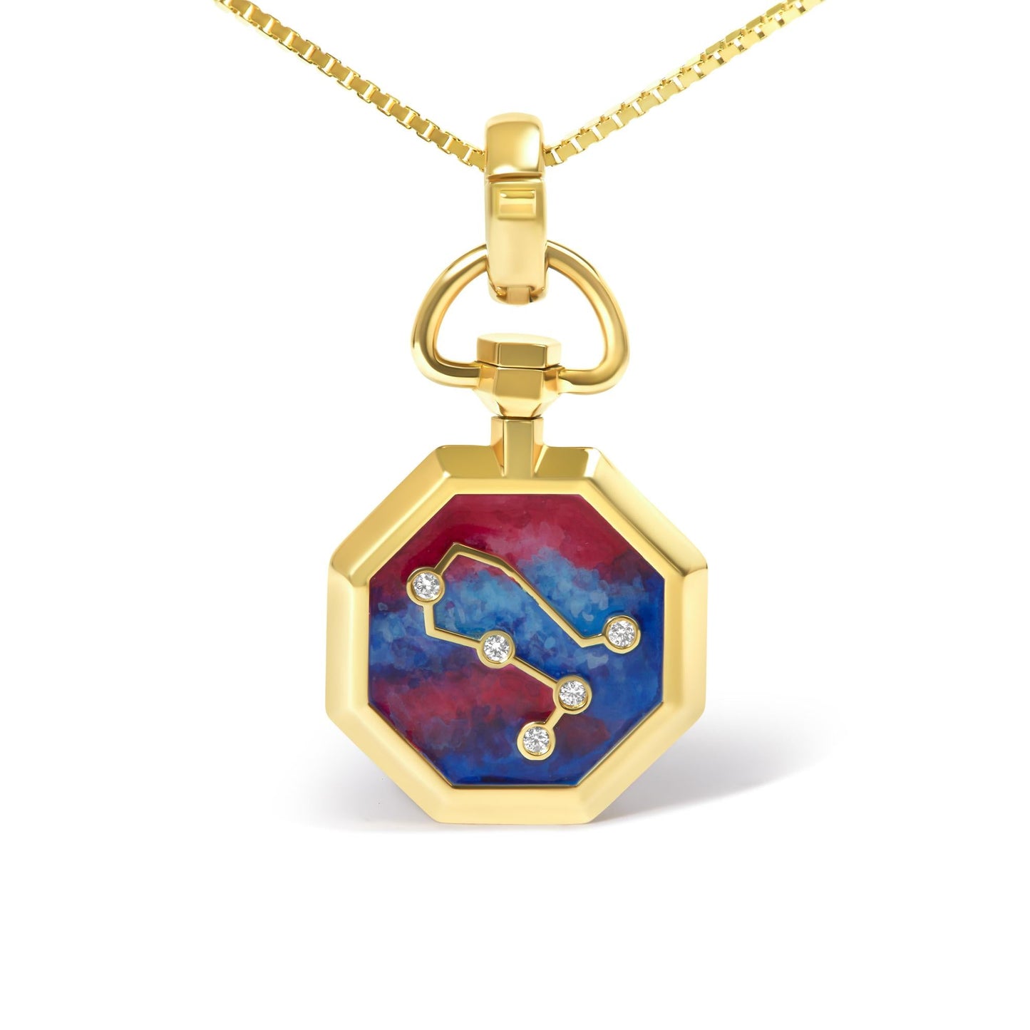 18K Yellow Gold Diamond Gemini Constellation with Red and Blue Enamel 18’’