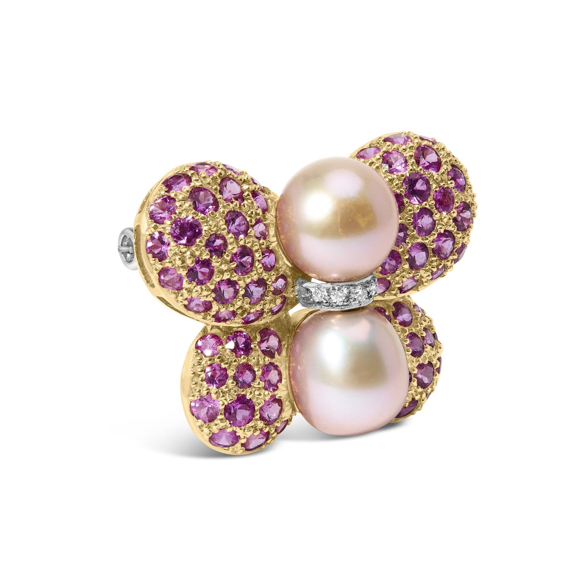 18K Yellow and White Gold 9MM South Sea Pearl and Pink Sapphire Butterfly Pin