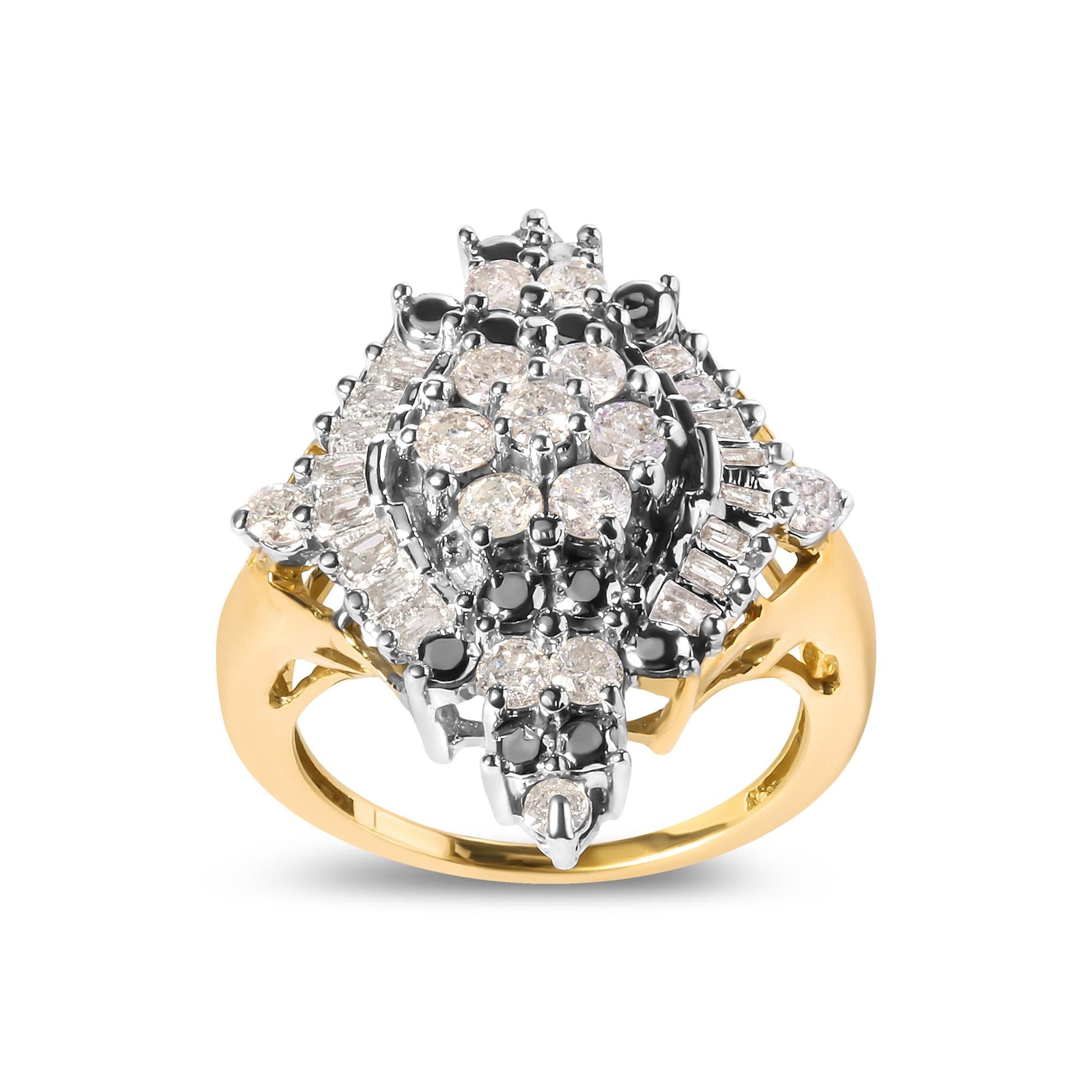 10K Yellow Gold 1 Cttw Round and Baguette cut Diamond Cluster and Rhombus Halo