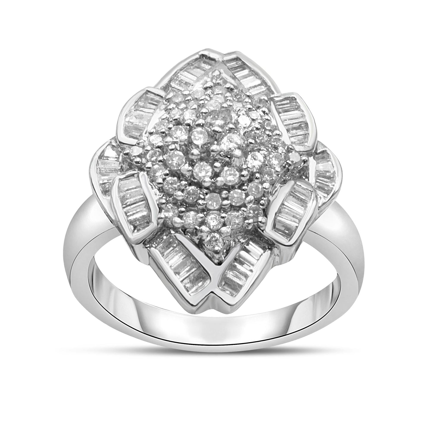 14K White Gold 7/8 Cttw Round and Baguette-Cut Diamond Cluster Ring (H-I Color