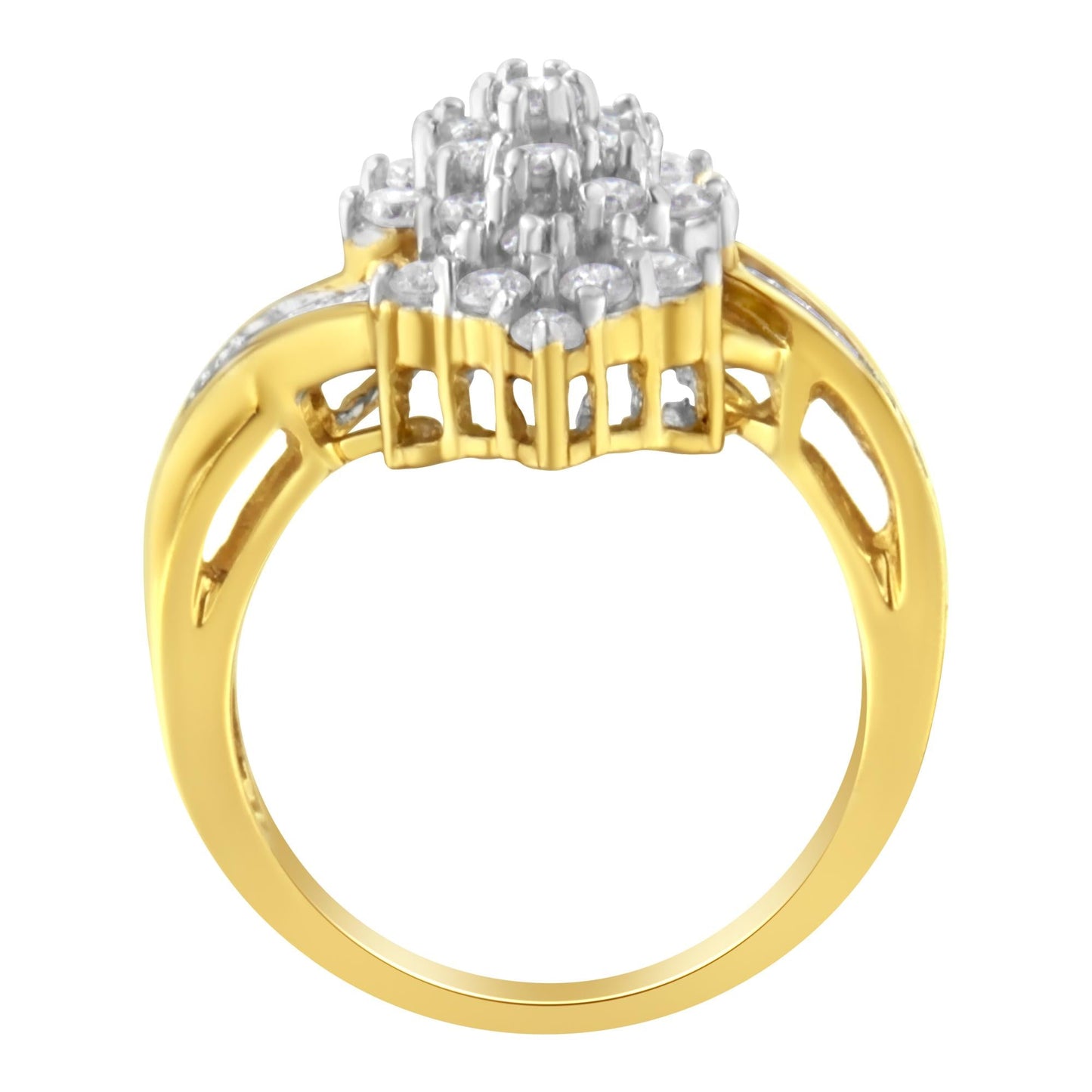 10K Yellow Gold Round And Baguette Cut Diamond Cluster Ring (1 1/10 Cttw H-I