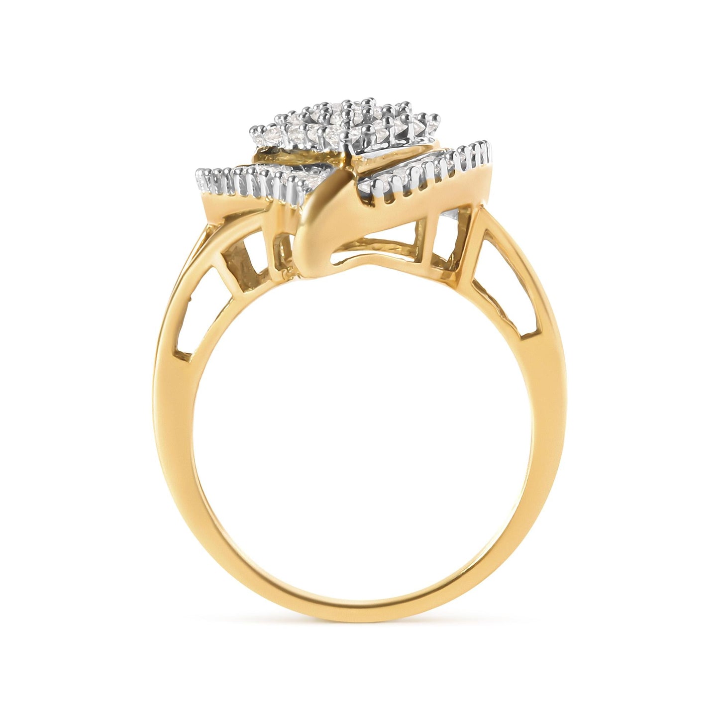 10K Yellow Gold 1 Cttw Round and Baguette Cut Diamond Ballerina Cluster Ring