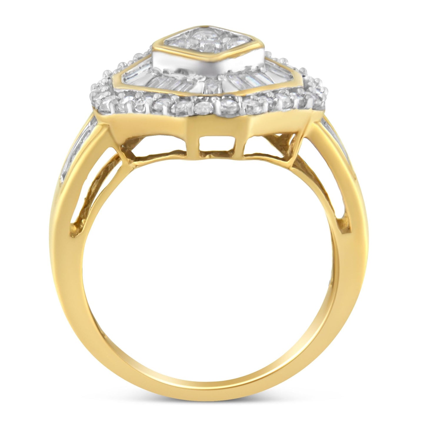 10K Yellow Gold Round and Baguette-Cut Diamond Cocktail Ring (1.0 Cttw I-J