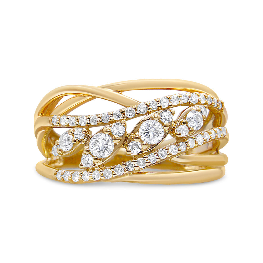 10K Yellow Gold 1/2 Cttw Round-Cut Multi Row Diamond Split Shank Cocktail Ring