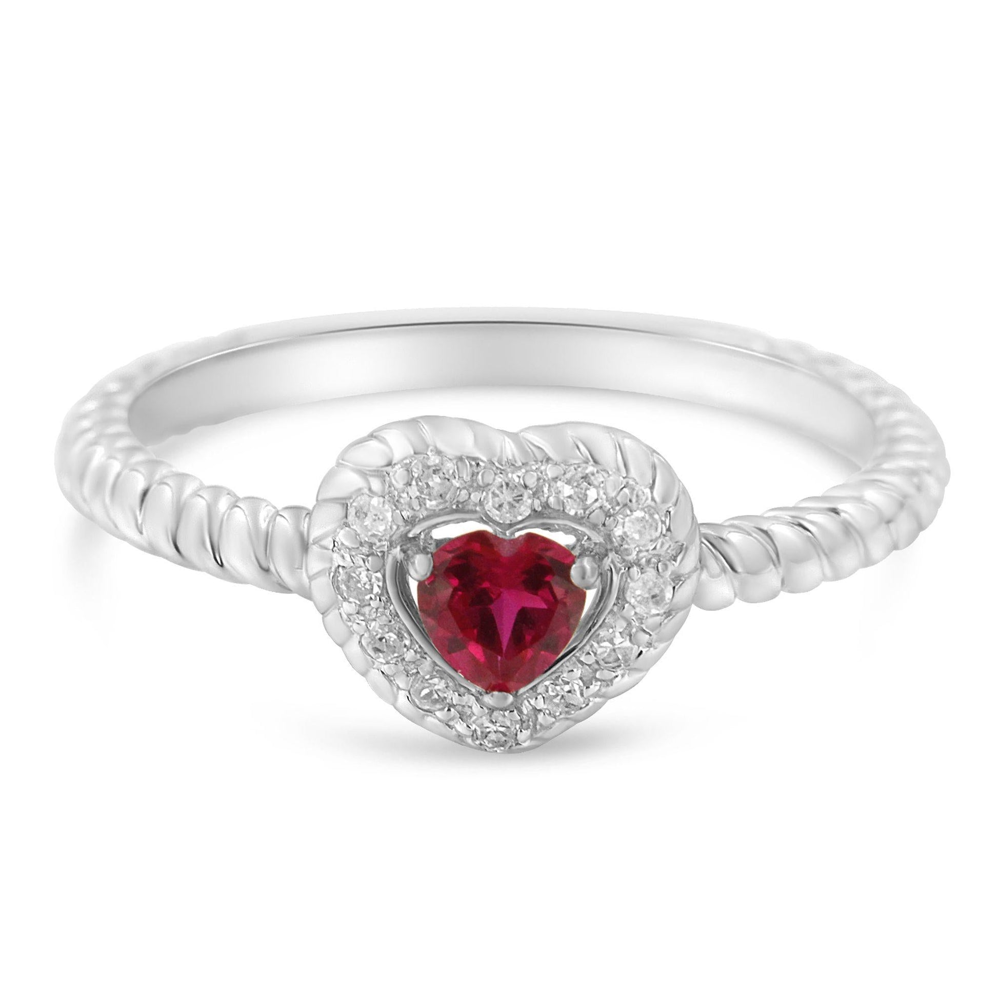 Sterling Silver 4MM Lab Created Ruby Heart and Diamond Accent Heart Ring (I-J