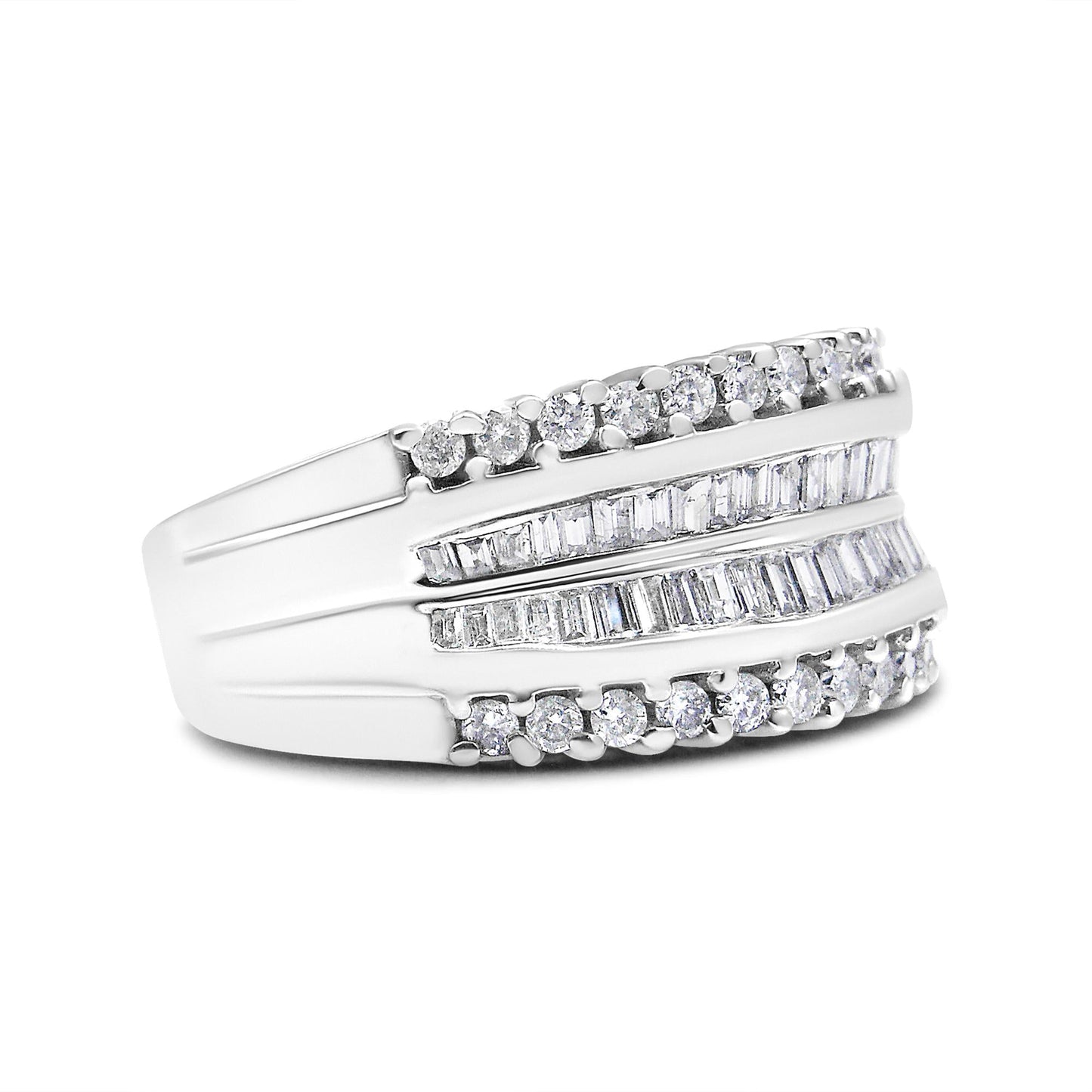 14K White Gold 1.00 Cttw Round and Baguette-Cut Diamond Modern Band Ring (H-I