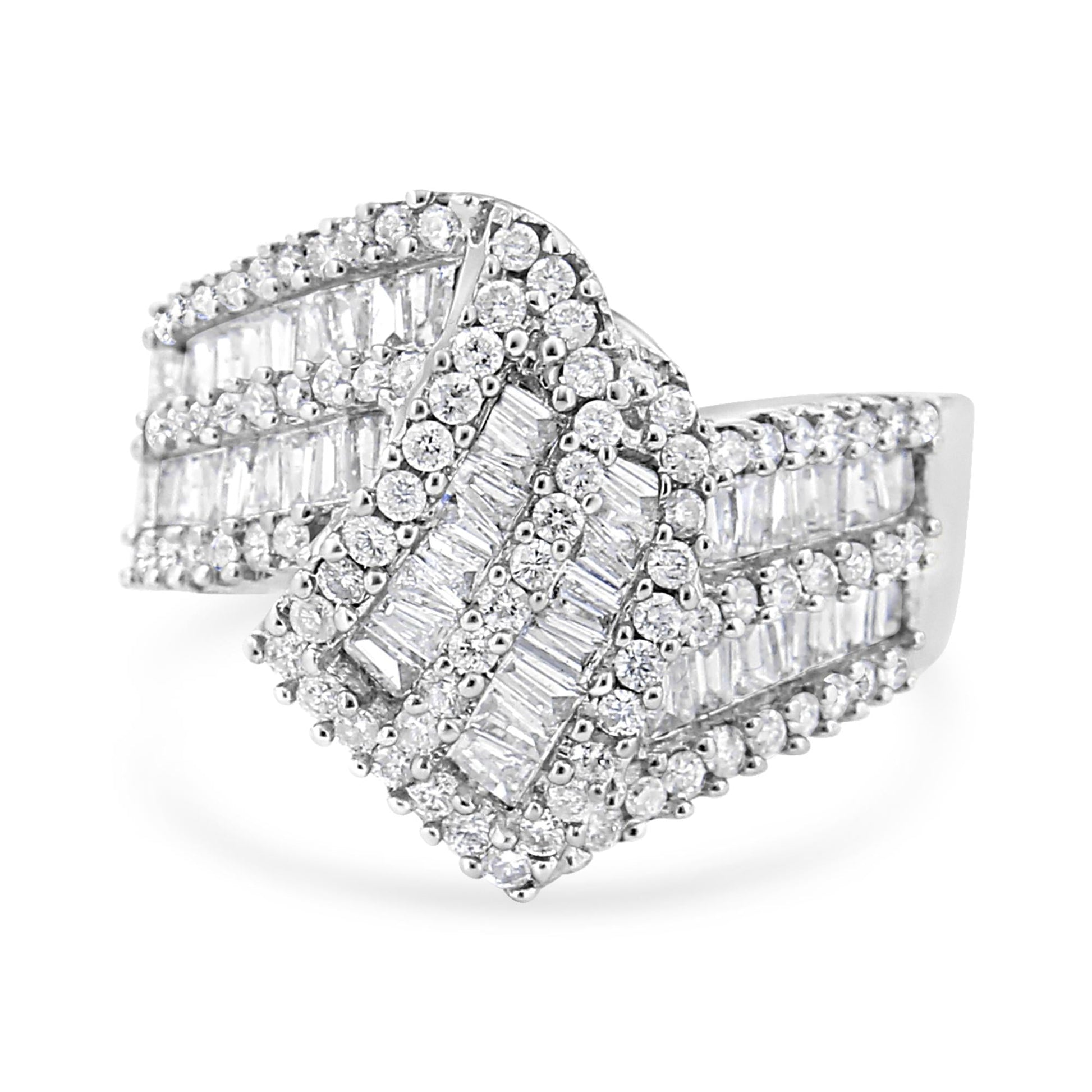 14K White Gold 1-1/2 Cttw Round and Baguette Diamond Bypass Cocktail Ring Band