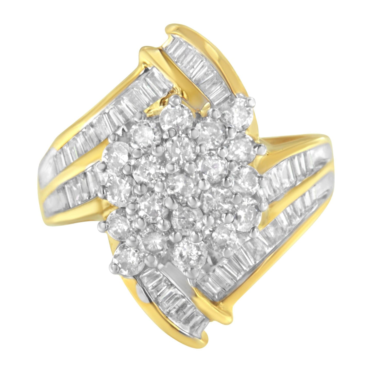 10K Yellow Gold Round and Baguette Diamond Swirl Ring (2.0 Cttw J-K Color I2