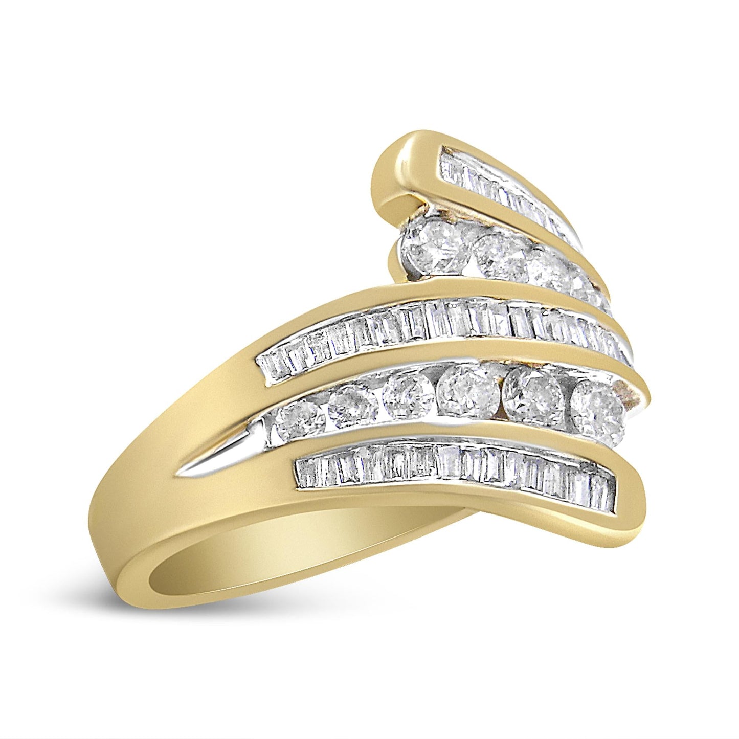 10K Yellow Gold 1 Cttw Round and Baguette-Cut Diamond Multi Row Bypass Ring