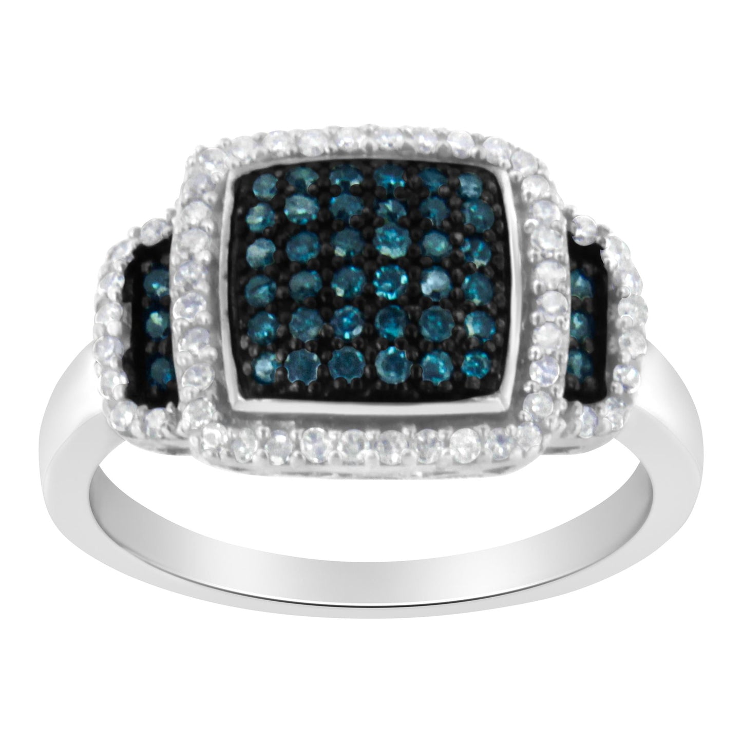 Black Rhodium Plated.925 Sterling Silver 1/2 Cttw White & Blue Diamond Square