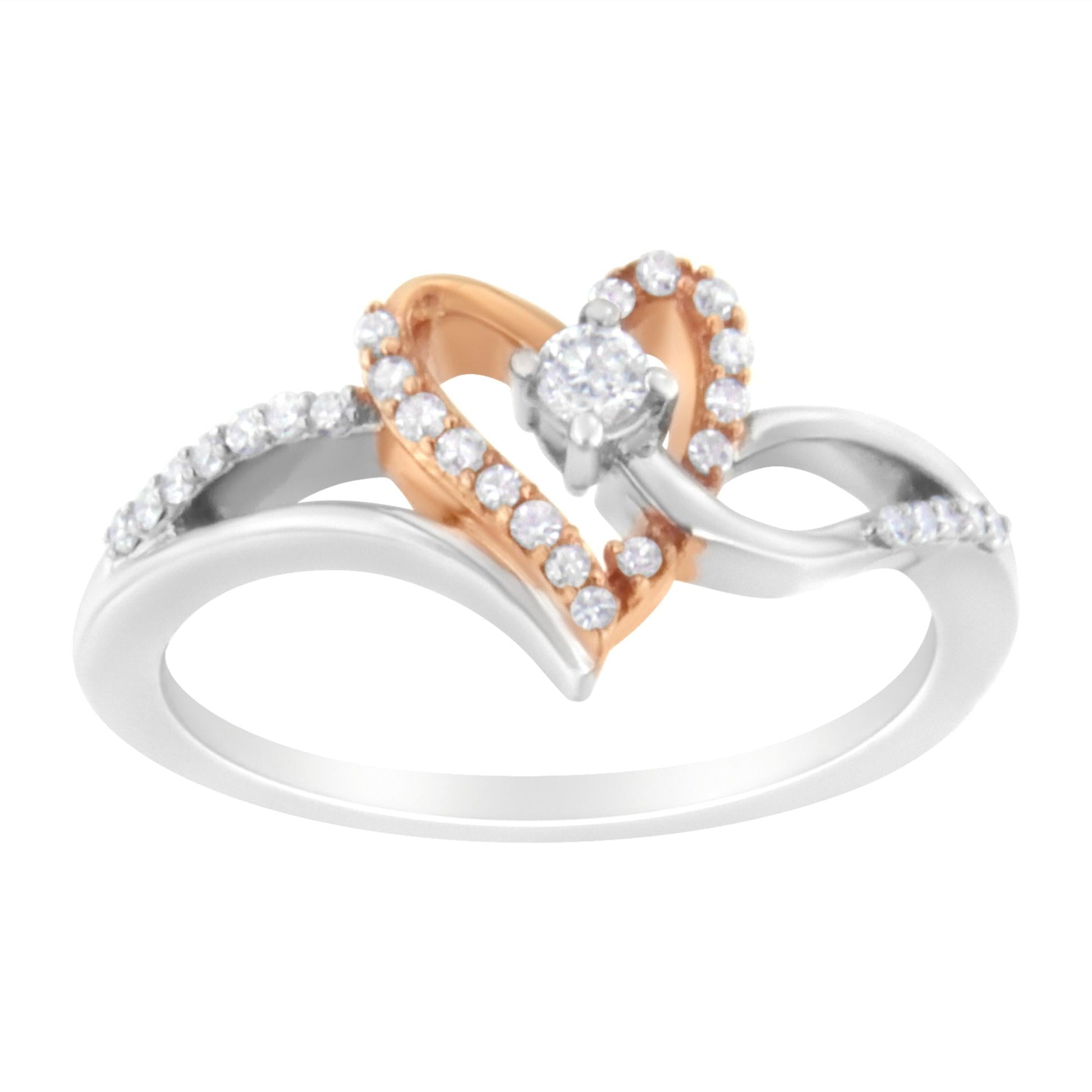 10K Rose Gold Plated.925 Sterling Silver 1/5 Cttw Diamond Two Tone Open Heart