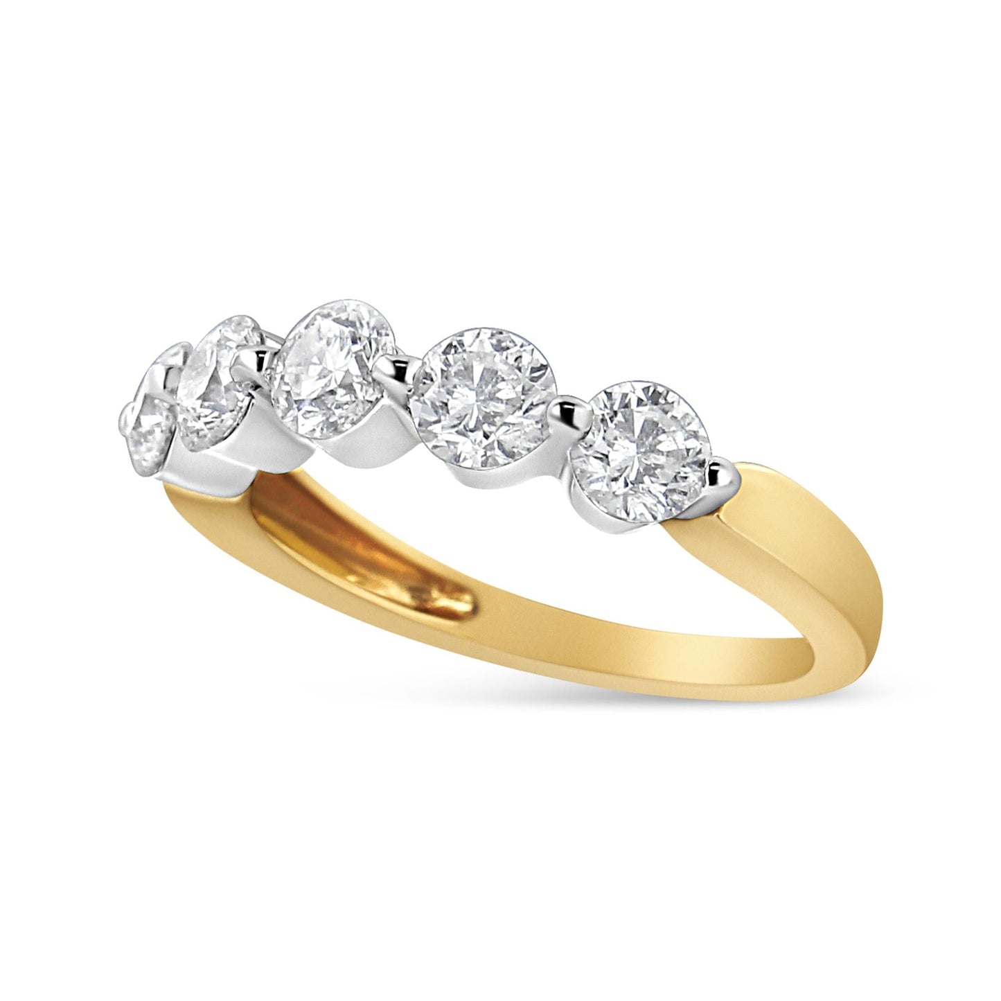 14K White and Yellow Gold 1 1/2 Cttw 2 Prong Cup Set Round-Cut Diamond 5 Stone