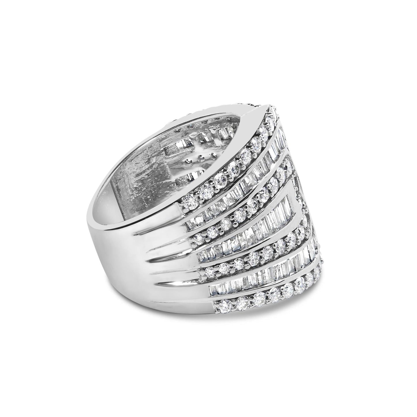 10K White Gold 2 1/2 Cttw Round and Baguette-Cut Diamond Multi-Row Bypass Ring