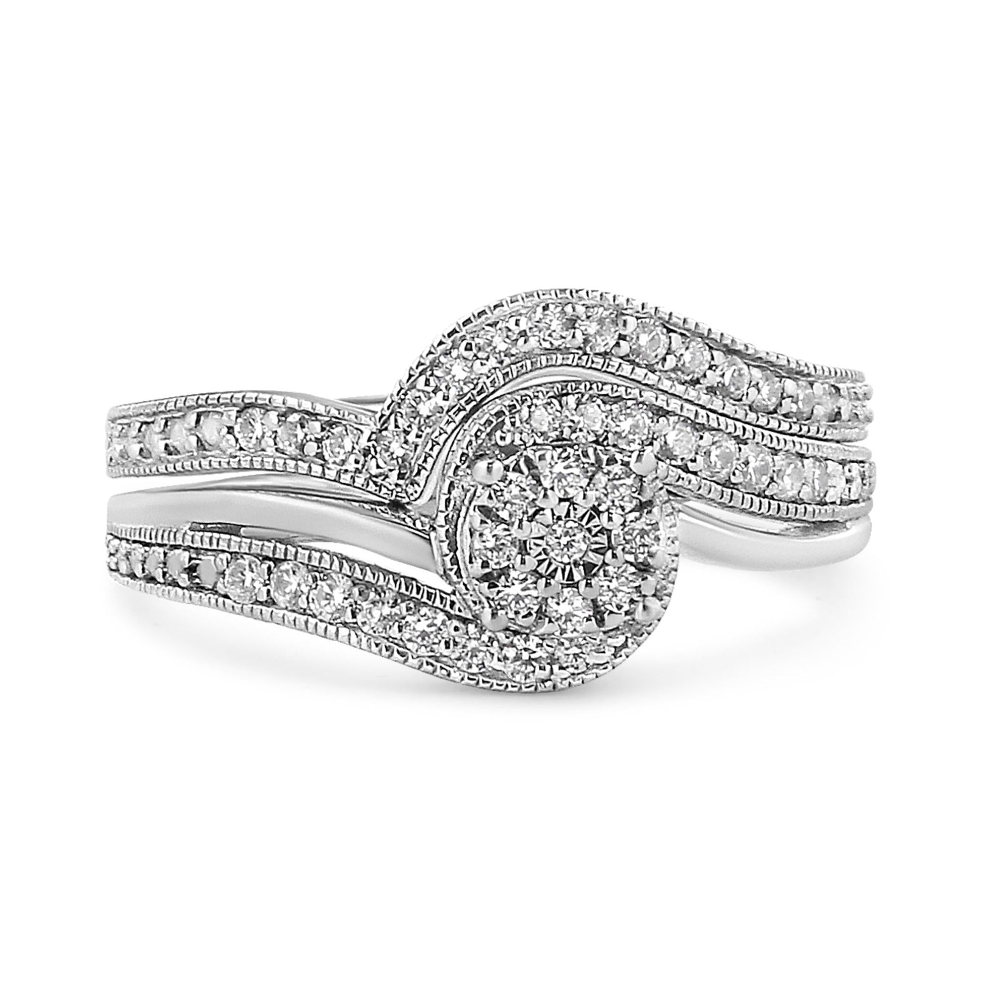 .925 Sterling Silver 1/3ct Cttw Multi-Diamond Bypass Vintage-Style Bridal Set