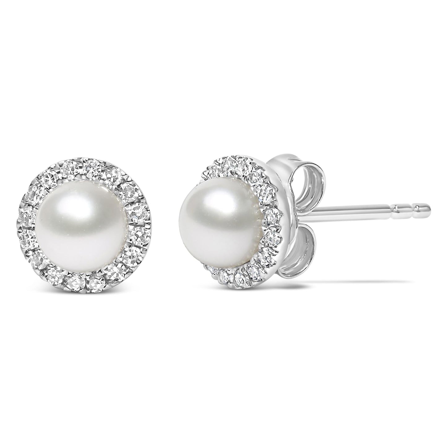 10K White Gold 4.5mm Cultured Freshwater Pearl and 1/7 Cttw Diamond Halo Stud Earring (I-J Color, I1-I2 Clarity)