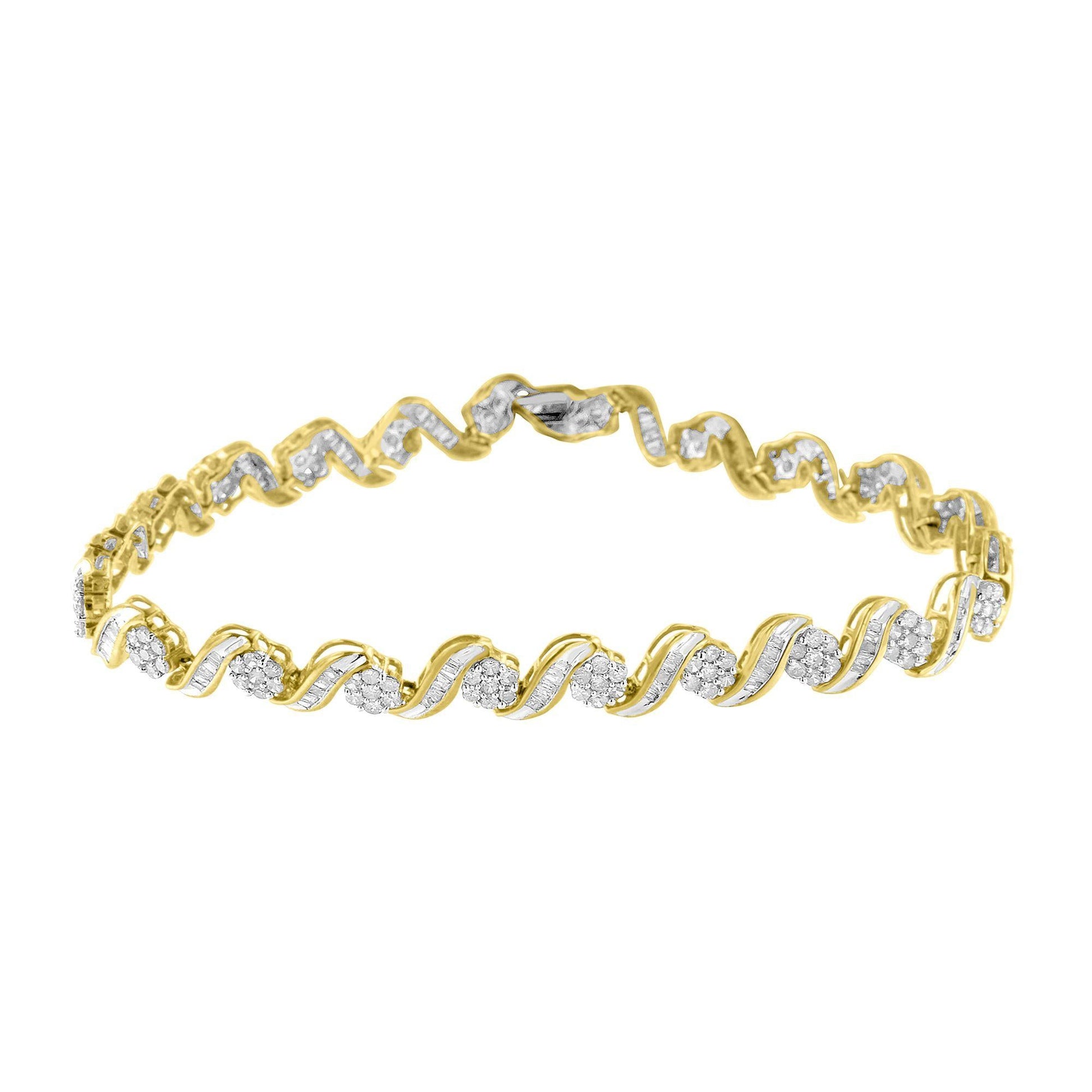 10k Yellow Gold 3.00 Cttw Round-Cut and Baguette-Cut Diamond Floral Link