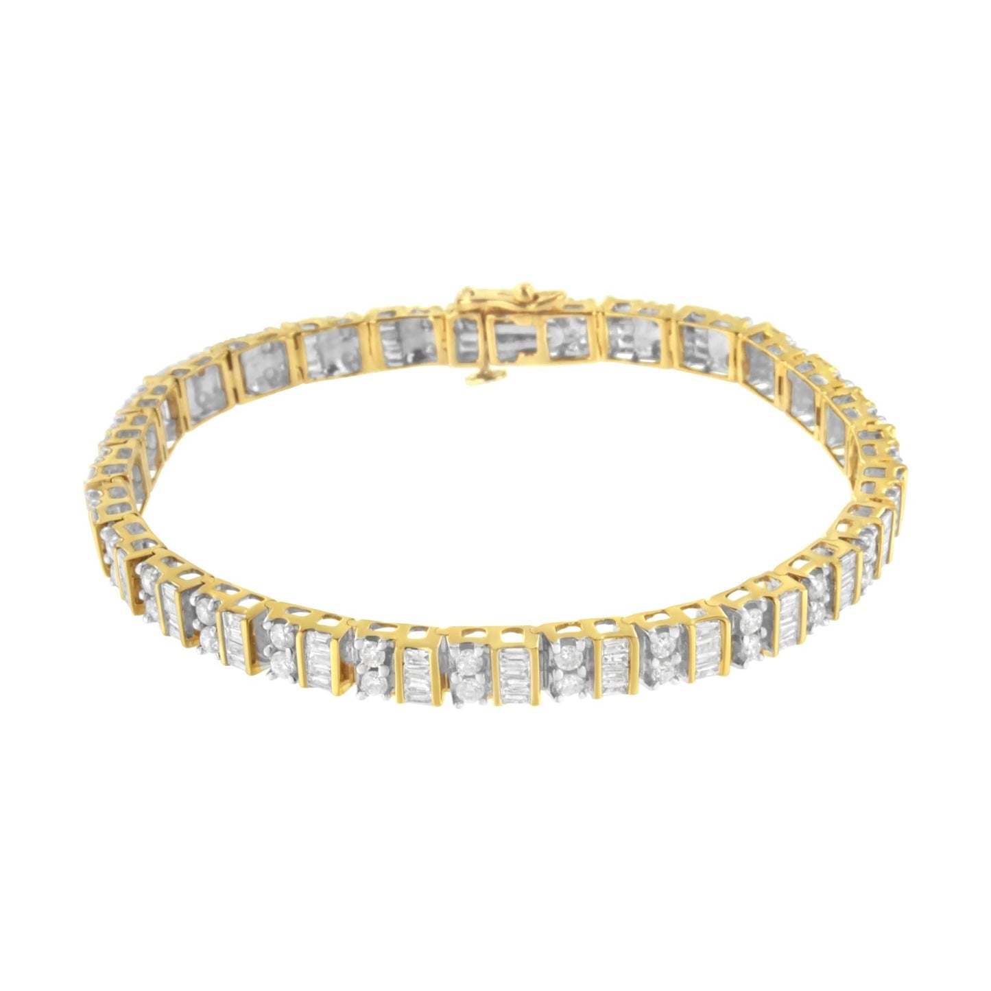 14K Yellow Gold 4.0 Cttw Alternating Baguette & Round Cut Diamond Bezel- &