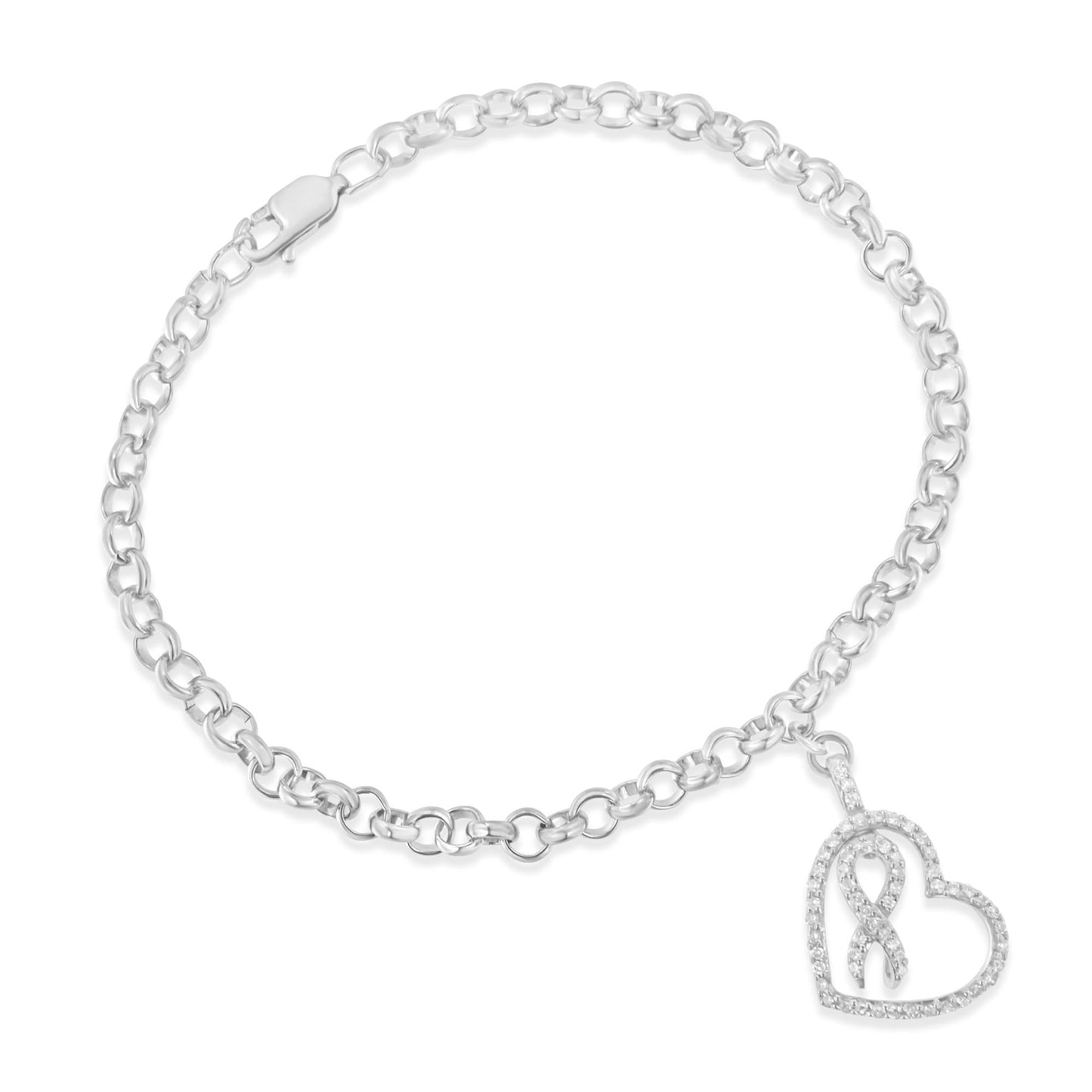 .925 Sterling Silver 1/4 Cttw Diamond-Accented Heart and Ribbon Charm 7’’