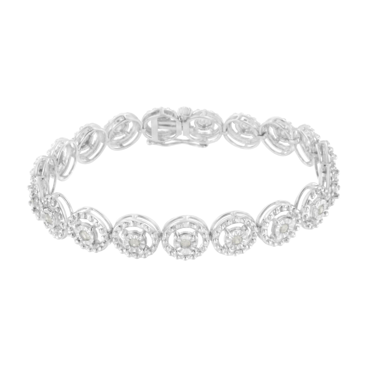 .925 Sterling Silver 1.0 Cttw Diamond Nested Circle Miracle Set Open Wheel 7" Fashion Link Bracelet (I-J Color, I3 Clarity)