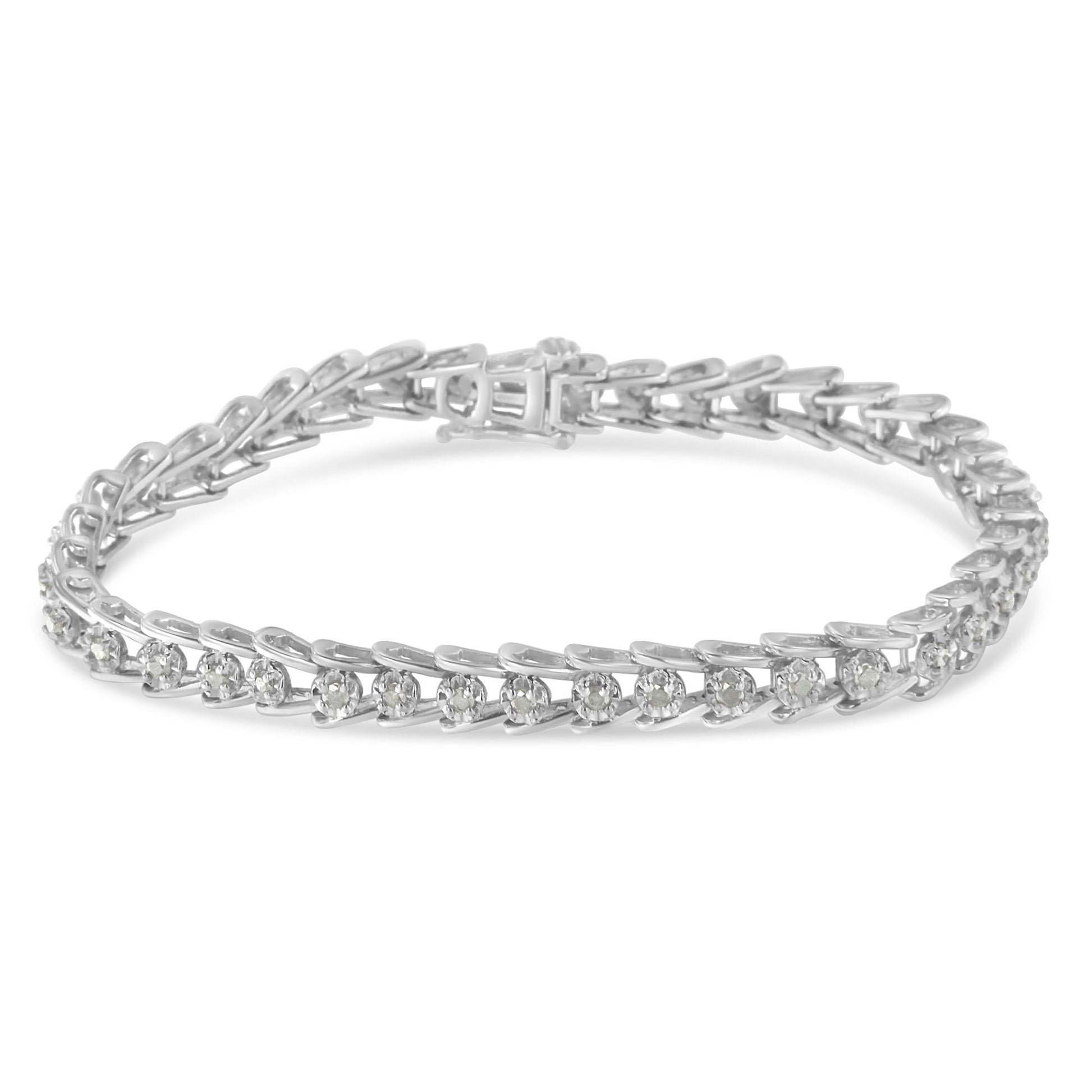 Sterling Silver Rose-cut Diamond Wave link Bracelet (1 cttw I-J Color I3