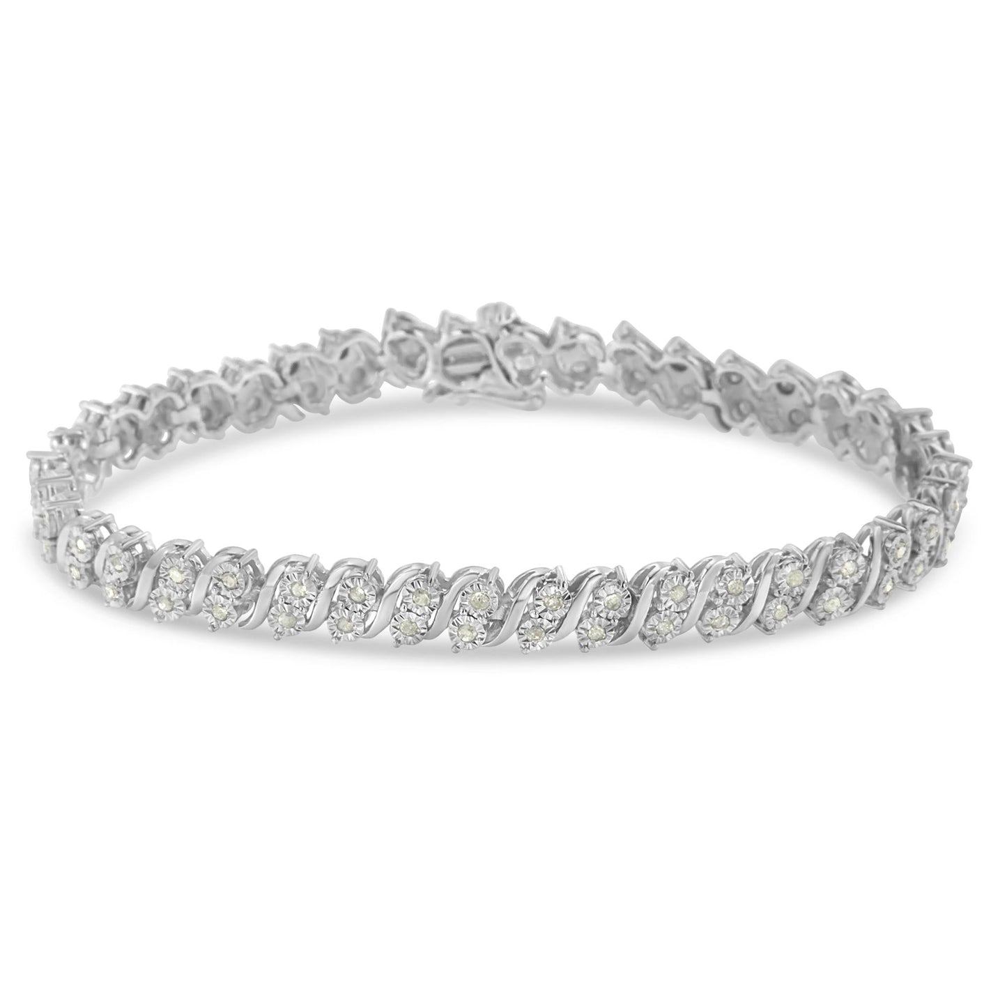 .925 Sterling Silver 1.0 Cttw Rose cut Diamond Two Stone S Link Tennis Bracelet (I-J Color, I2-I3 Clarity) - 7”