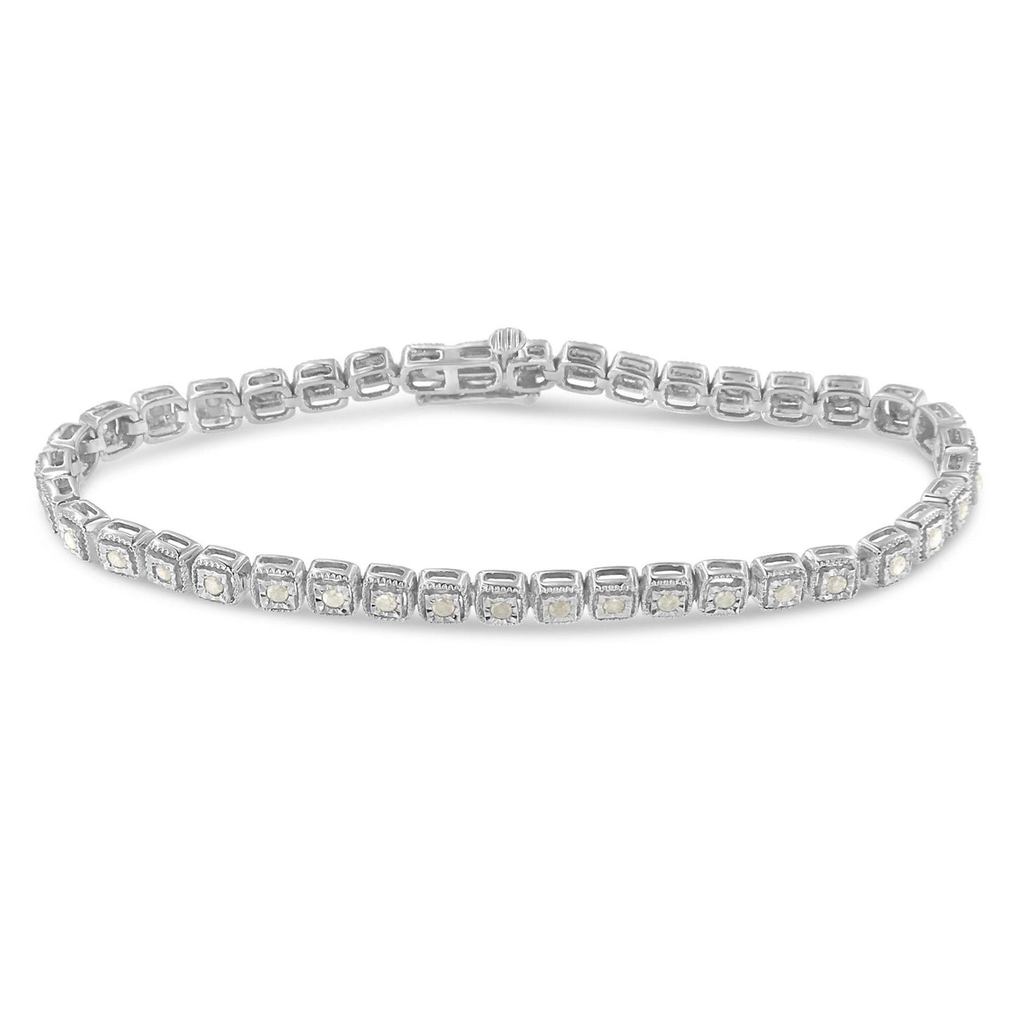 .925 Sterling Silver 1.0 Cttw Diamond Miracle-Set Square Milgrain 7" Link Tennis Bracelet (I-J Color, I3 Clarity)