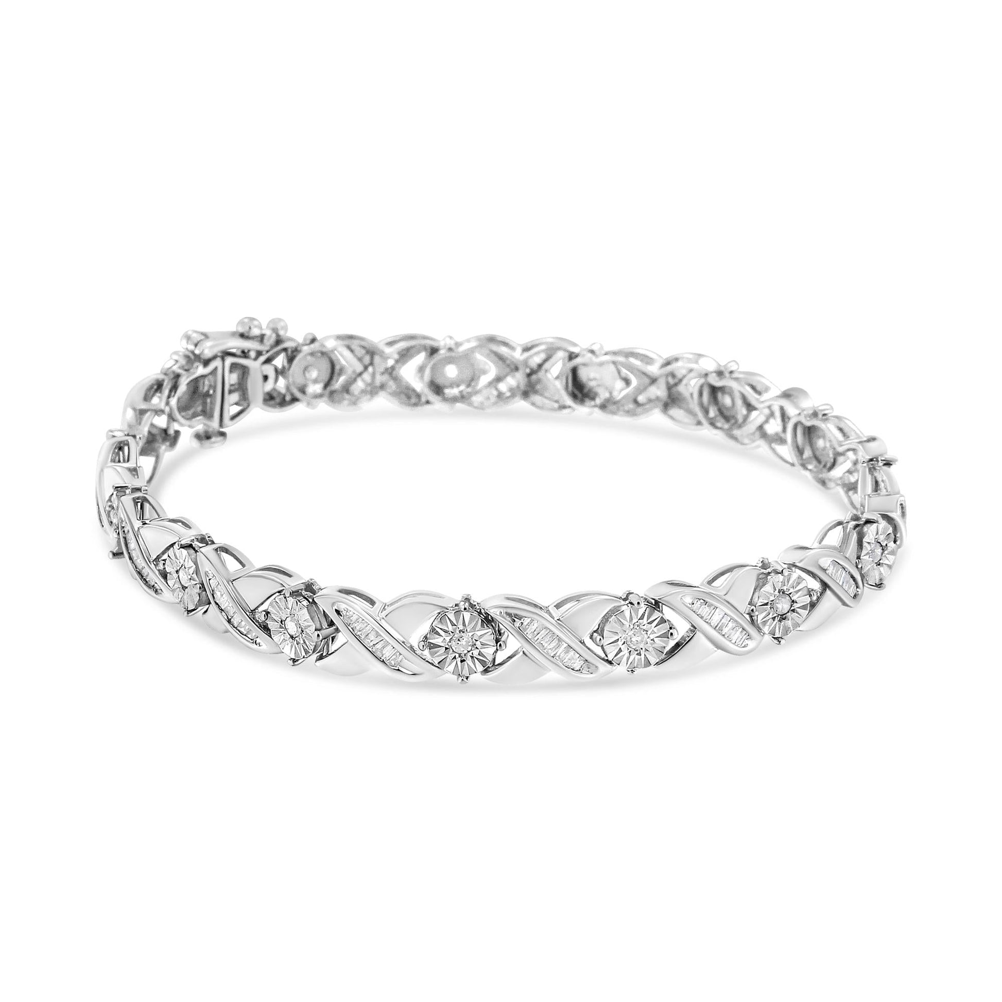 .925 Sterling Silver 1.0 Cttw Round-Brilliant and Baguette Cut Diamond