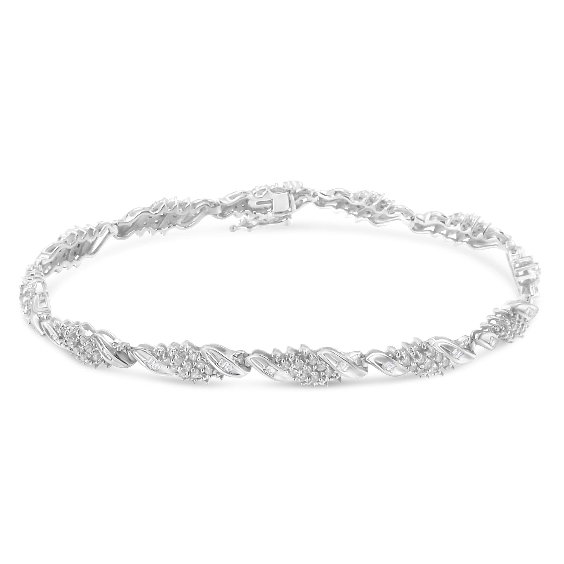 .925 Sterling Silver 1-1/2 Cttw Round and Baguette Cut Diamond Wave Link