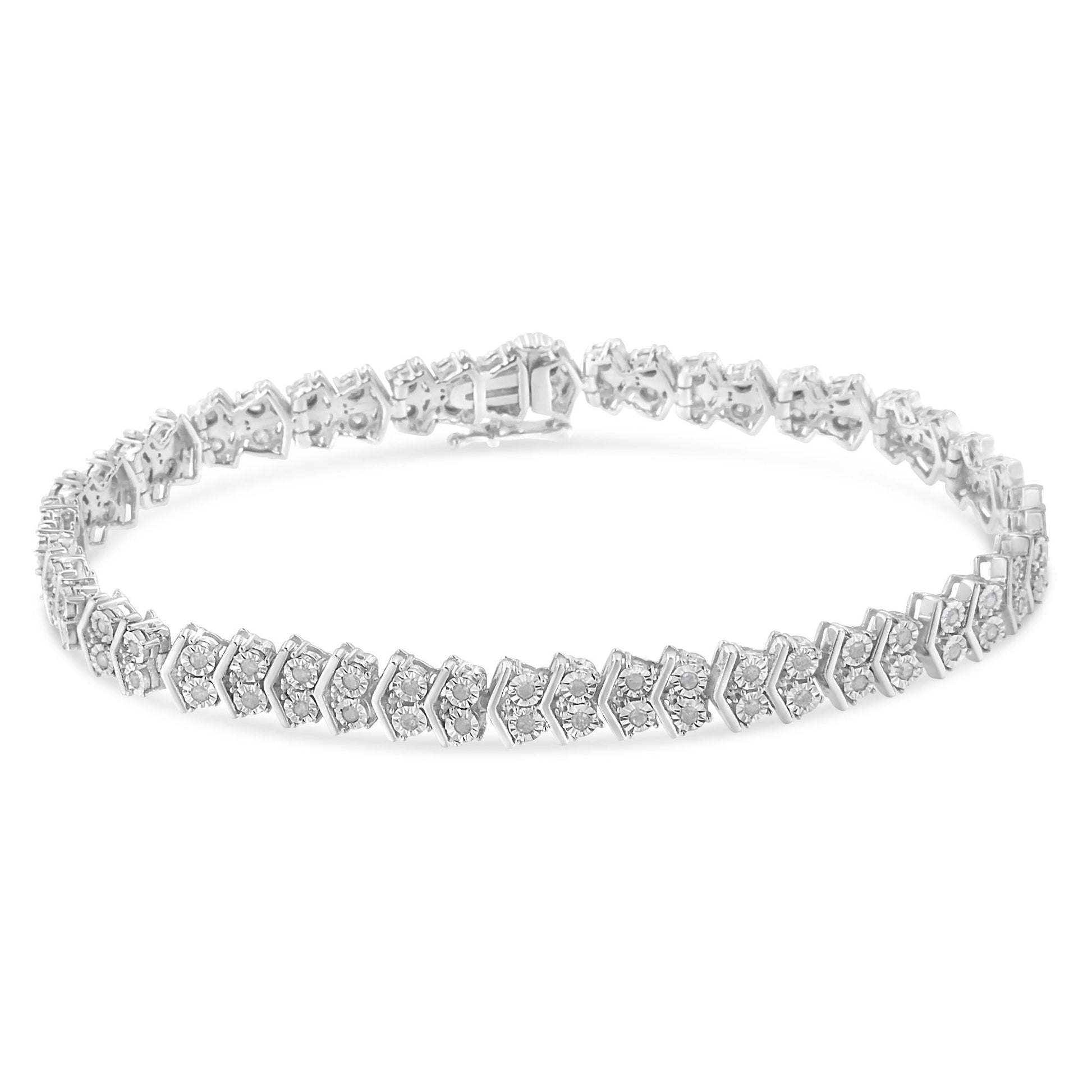 .925 Sterling Silver 1.0 Cttw Chevron 2 Stone Arrow Link Tennis Bracelet (I-J