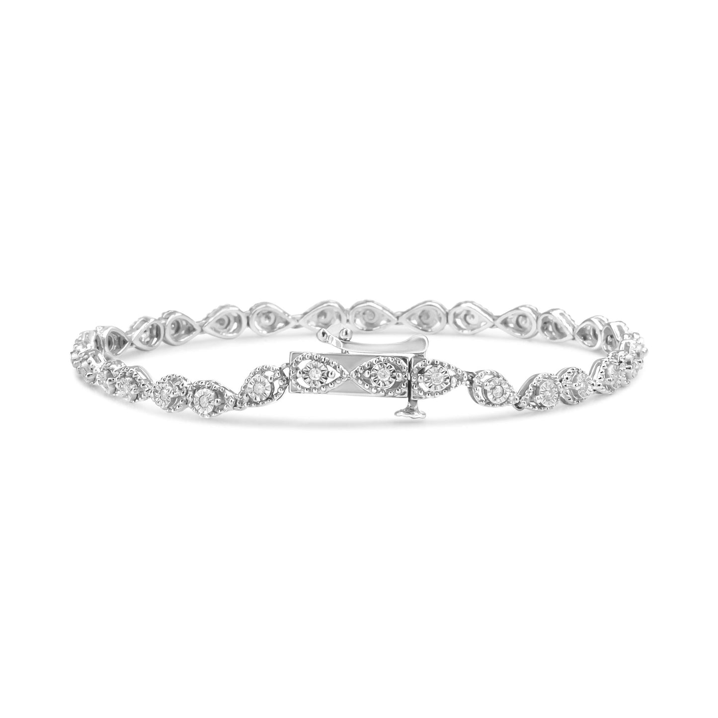 .925 Sterling Silver 1/4 Cttw Diamond Beaded Marquise Shape Link Bracelet (I-J