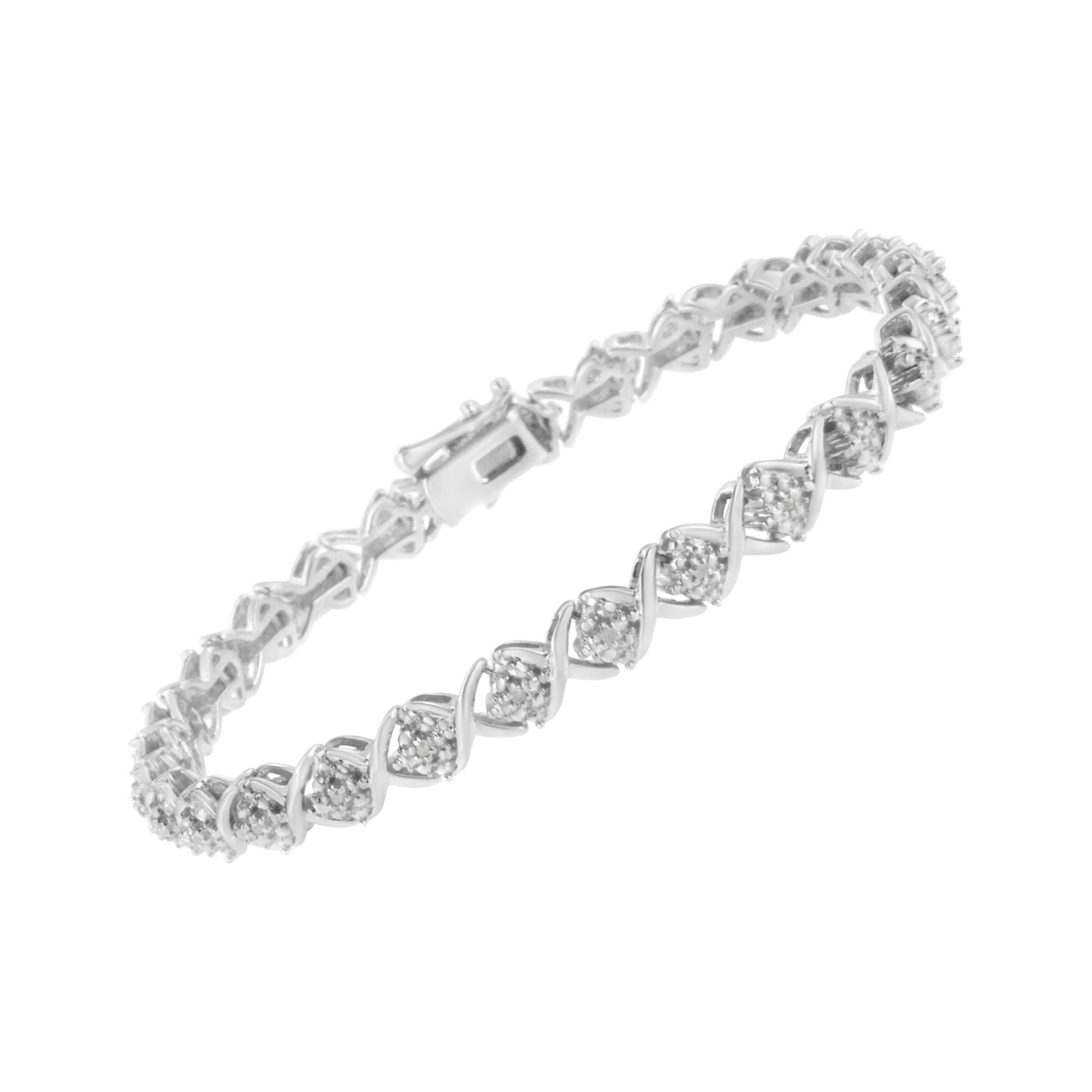 .925 Sterling Silver Round-Cut Diamond Accent Floral Cluster and ’X’ Link