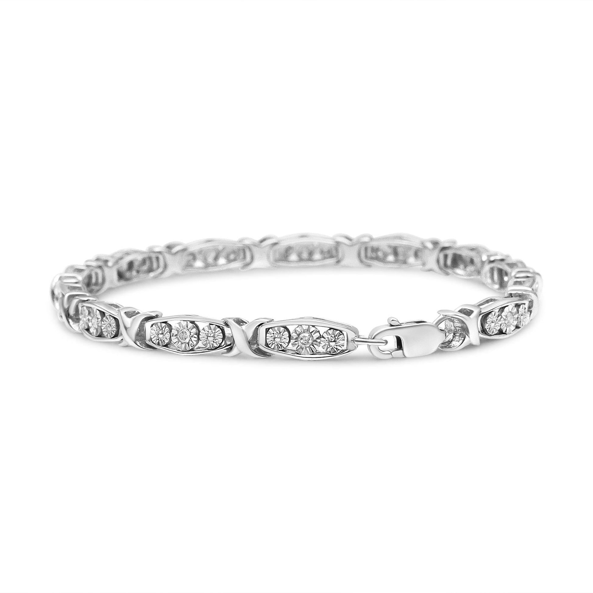 .925 Sterling Silver 1/10 Cttw Diamond Miracle Set 3 Stone Link Bracelet (I-J