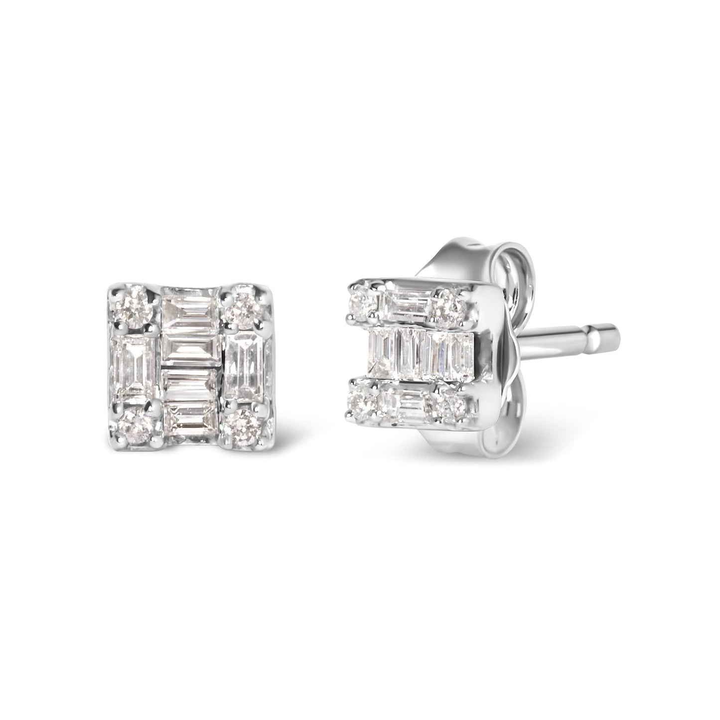 10K White Gold 1/7 Cttw Round and Baguette Diamond Mosaic Square Stud Earrings