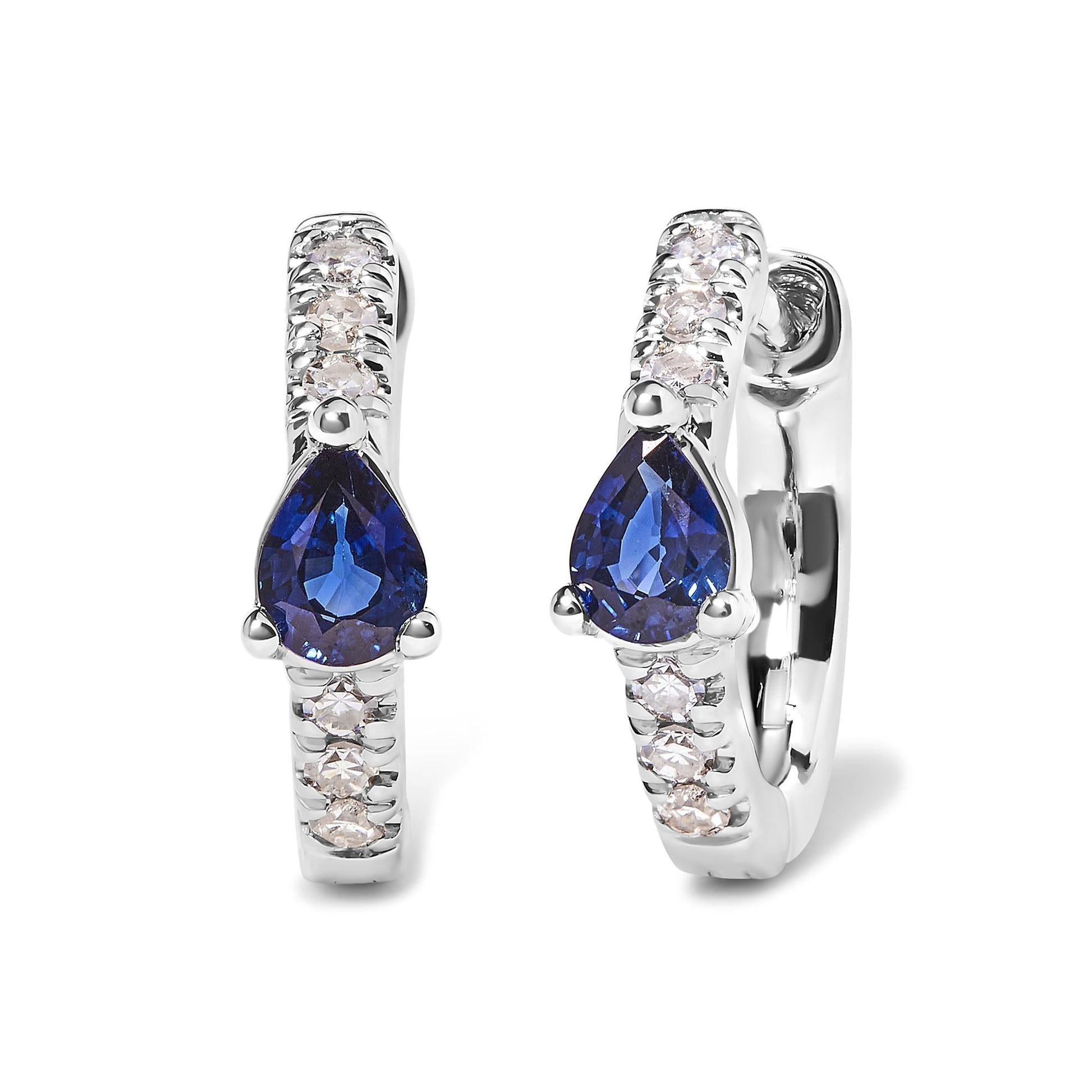 10K White Gold Pear Shaped Blue Sapphire and 1/10 Cttw Diamond Huggy Hoop