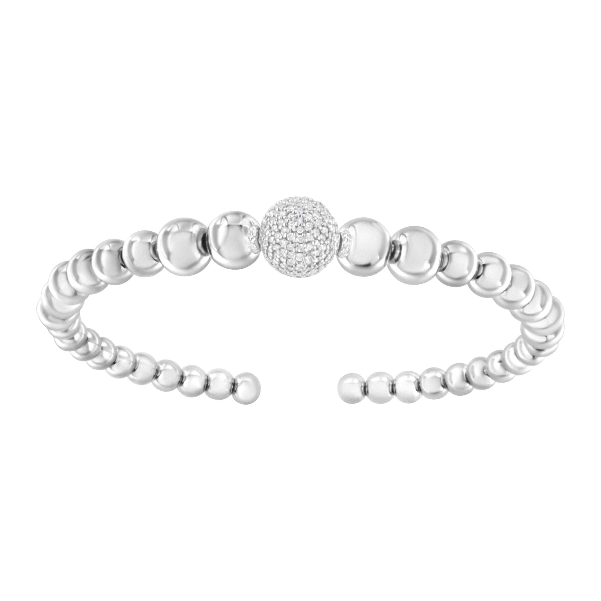 .925 Sterling Silver 1/6 Cttw Diamond Rondelle Graduated Ball Bead Cuff Bangle