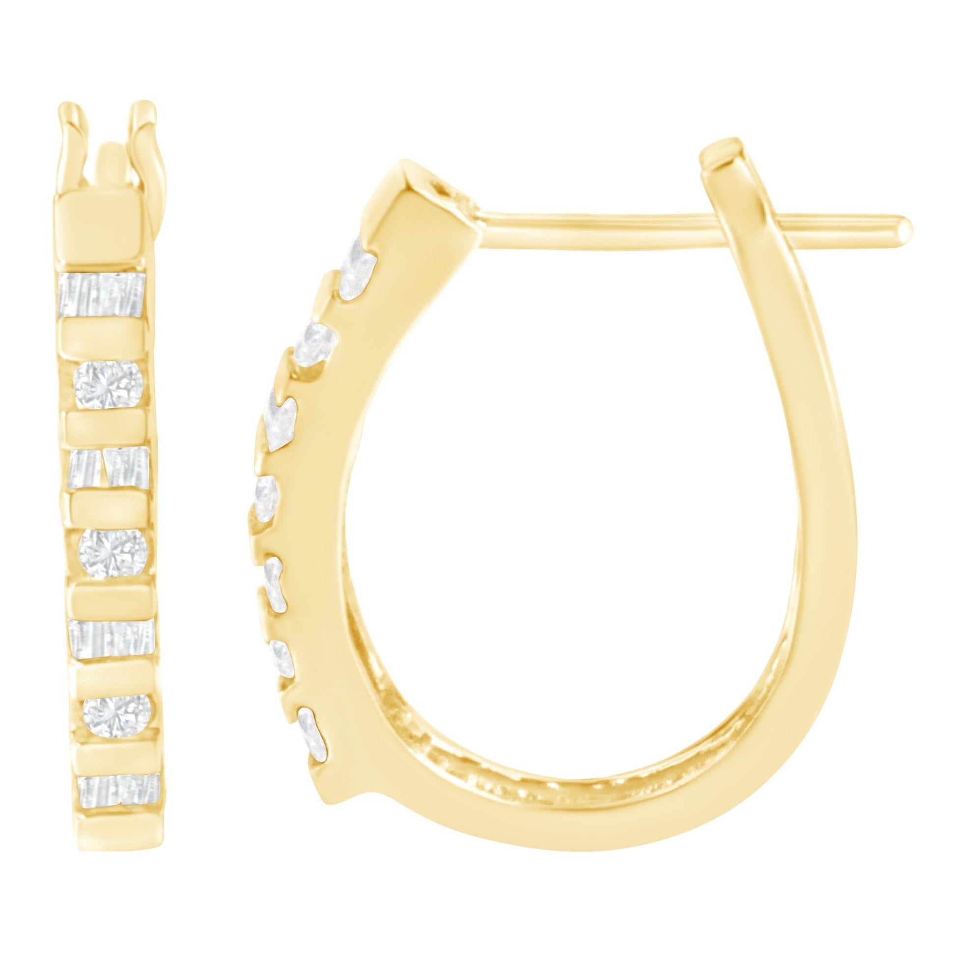 10K Yellow Gold Round and Baguette Cut Diamond Oblong Hinged Leverback Hoop