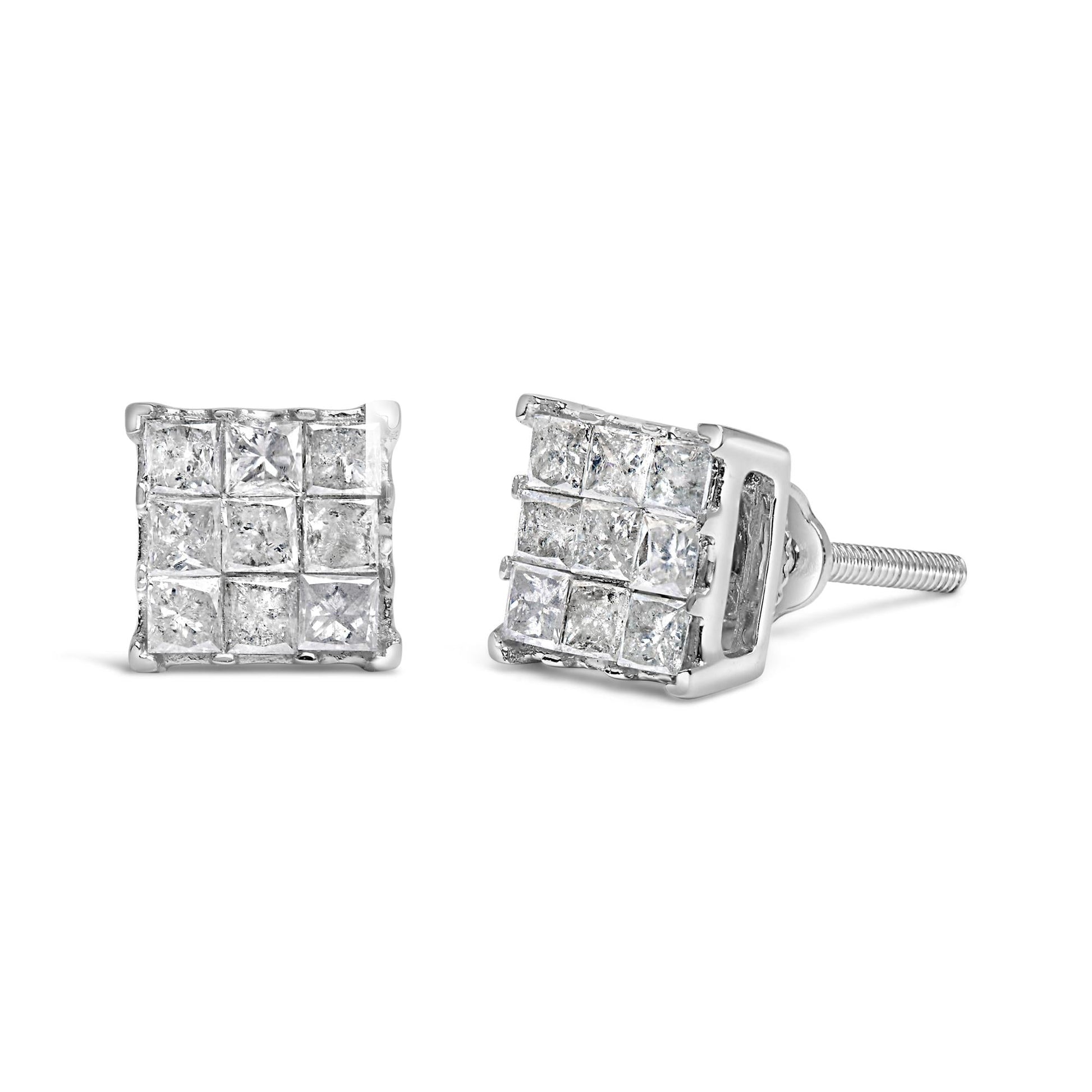 10K White Gold 1/2 Cttw Invisible Princess-cut Diamond 9 Stone Composite Stud