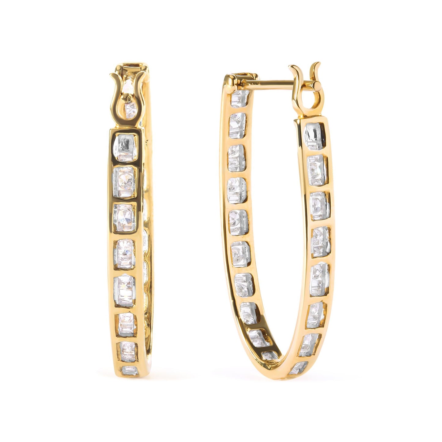 10K Yellow Gold 1.00 Cttw Round and Baguette-Cut Diamond U-Hoop Earrings (H-I