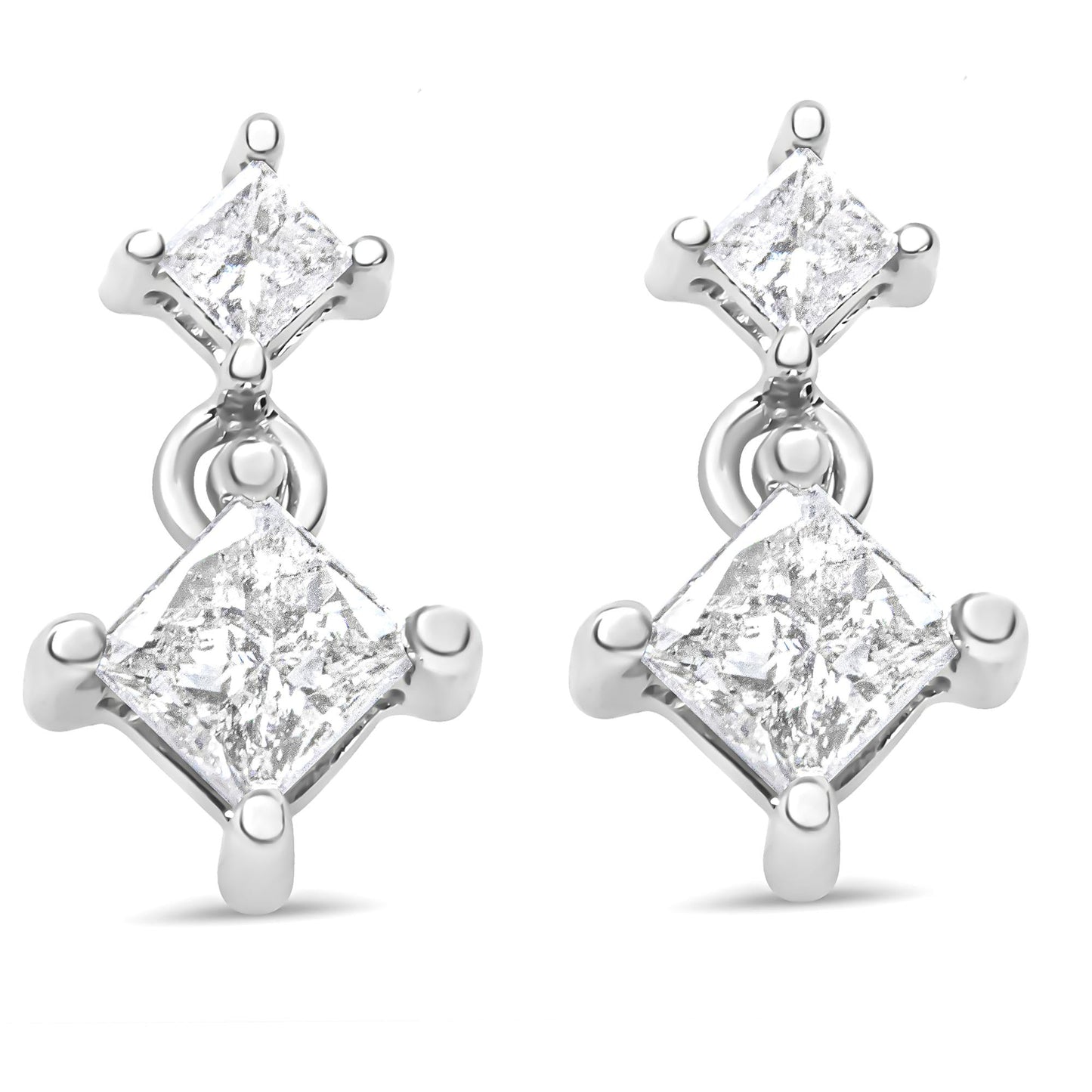 14K White Gold 3/8 Cttw Princess-Cut Diamond Double Dangle 2 Stone Stud Drop Earrings for Women (I-J Color, I2-I3 Clarity)