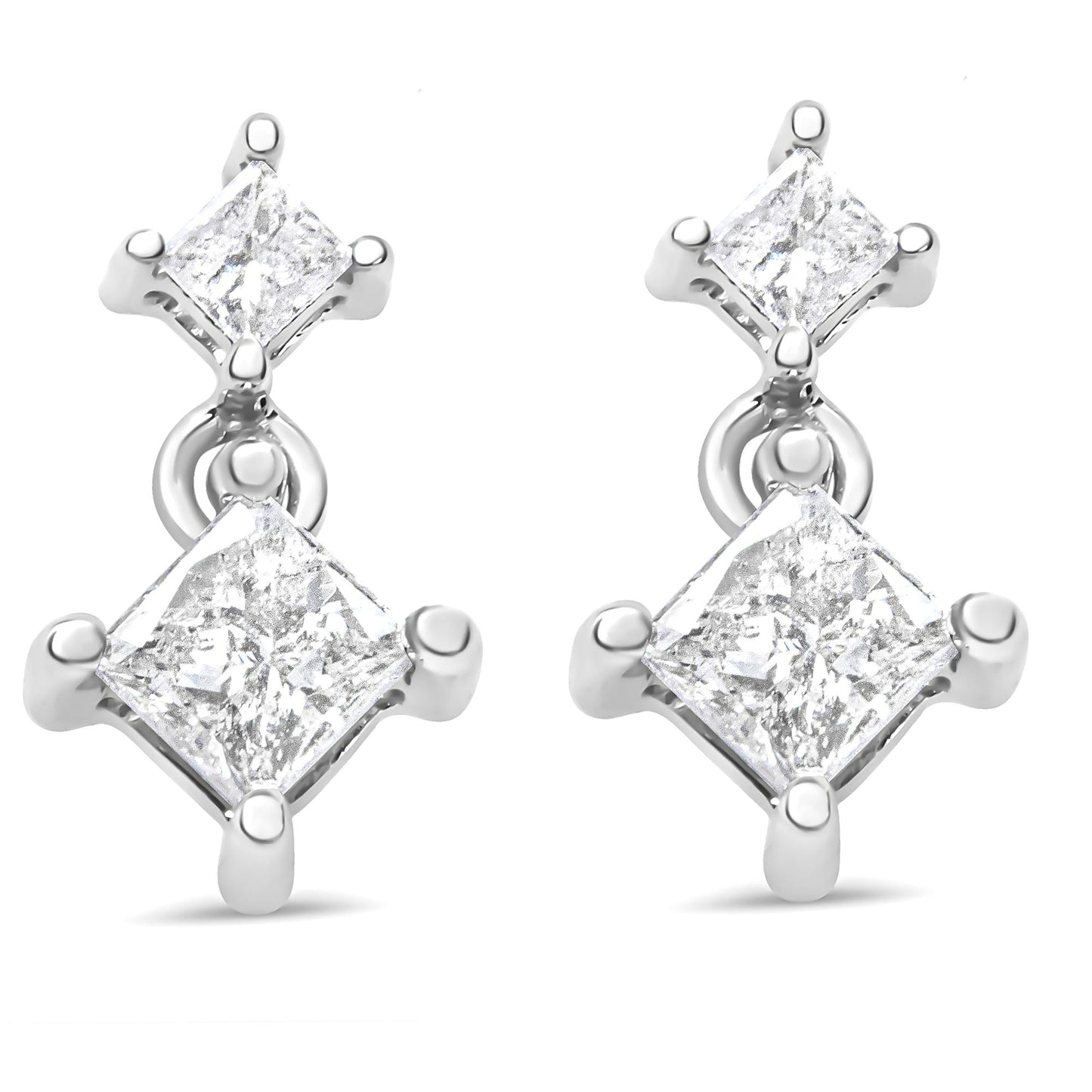 14K White Gold 1.0 Cttw Princess-Cut Double Diamond Drop Stud Earrings